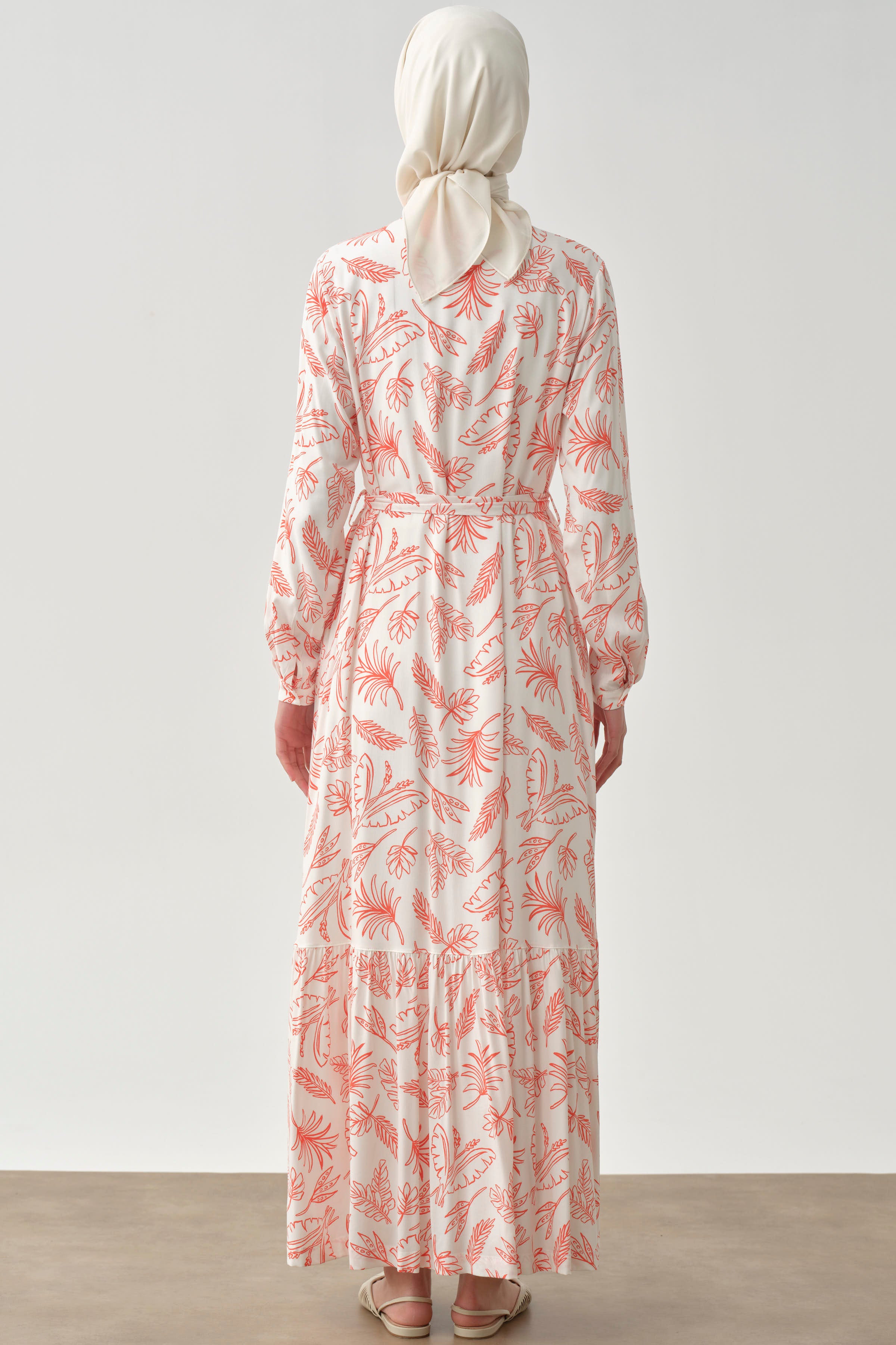 Beli Kuşaklı Desenli Elbise - Turuncu TUGBA