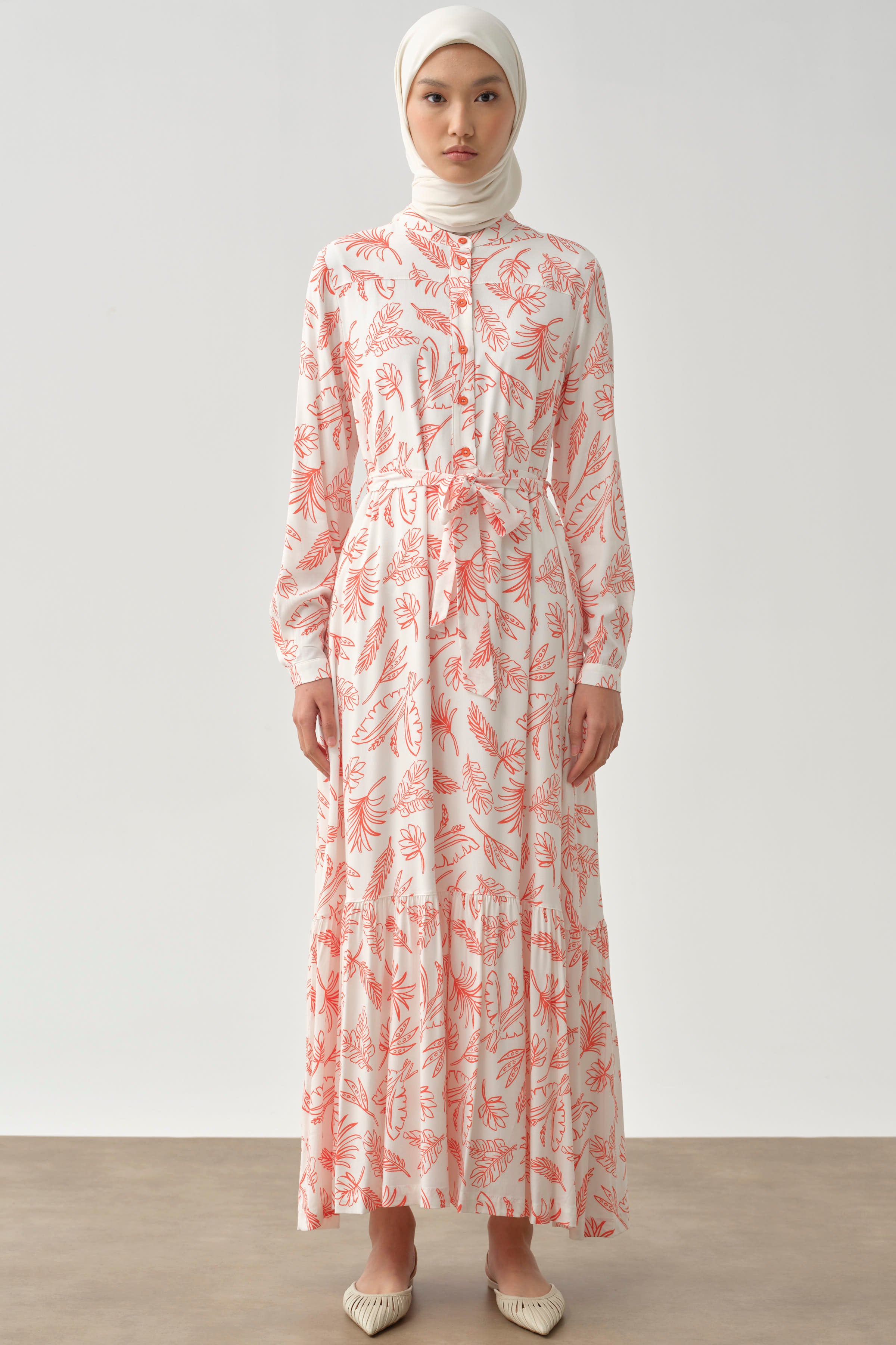 Beli Kuşaklı Desenli Elbise - Turuncu TUGBA