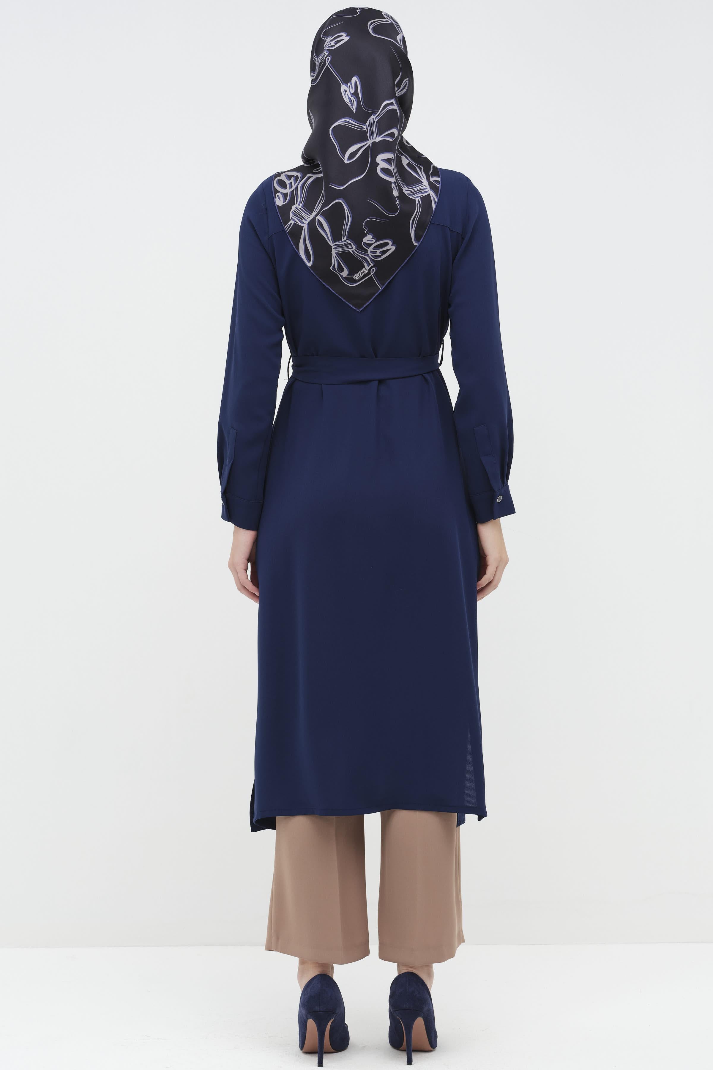 Beli Kuşaklı Plise Detaylı Tunik - İndigo TUGBA