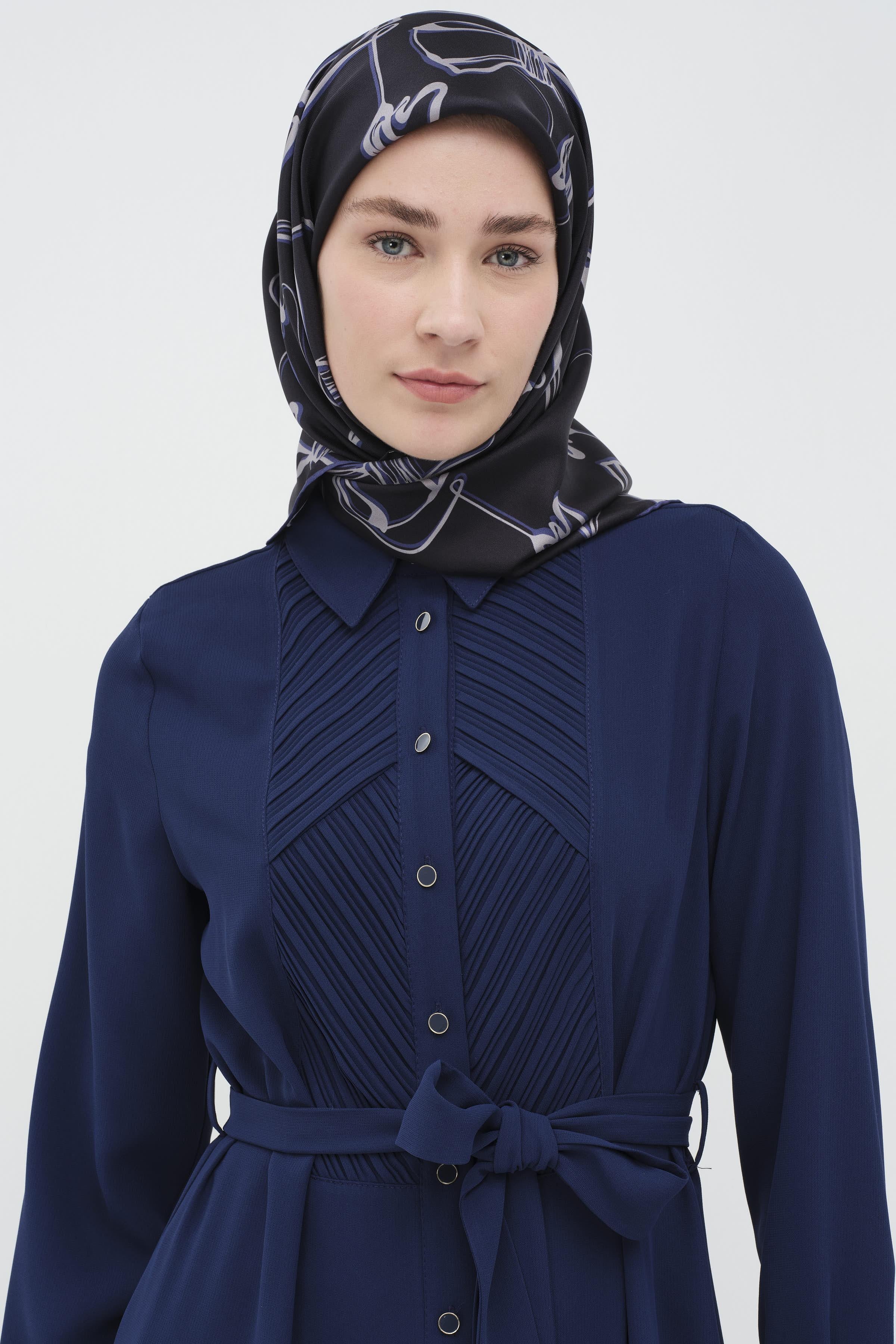Beli Kuşaklı Plise Detaylı Tunik - İndigo TUGBA