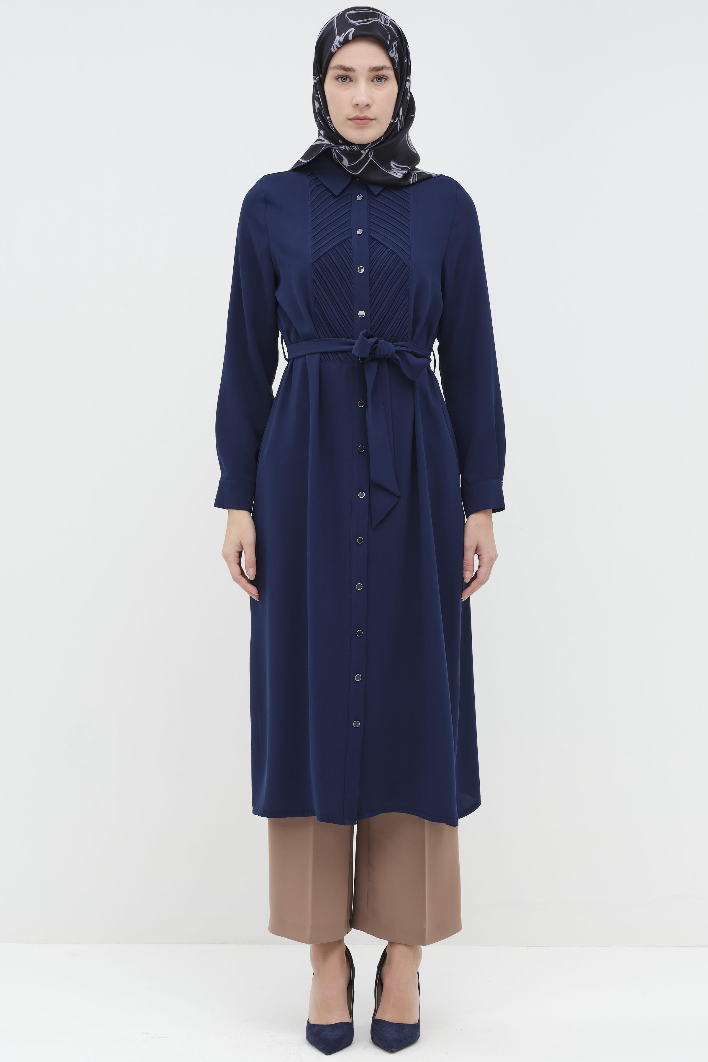 Beli Kuşaklı Plise Detaylı Tunik - İndigo TUGBA