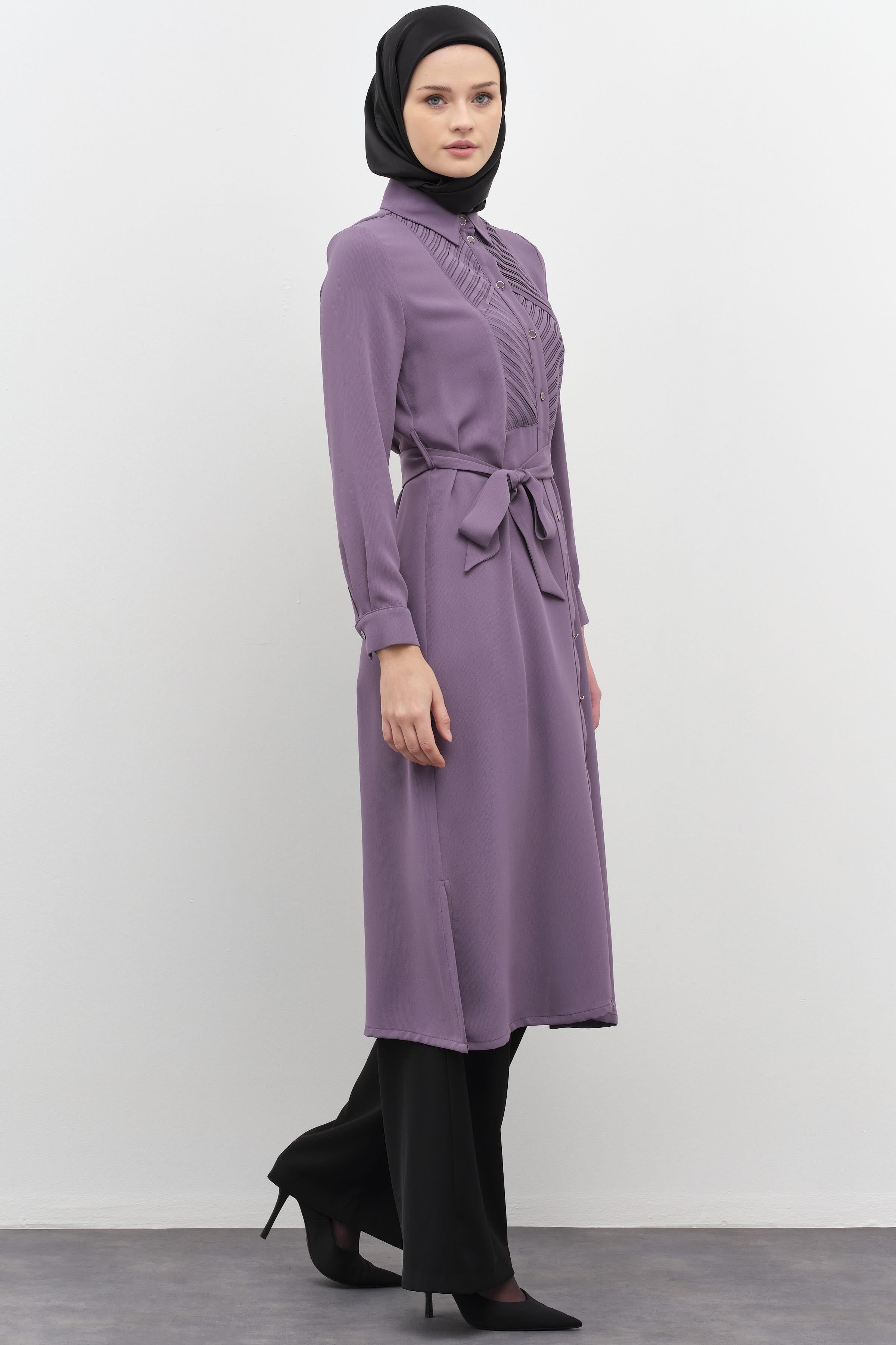 Beli Kuşaklı Plise Detaylı Tunik - Lila TUGBA