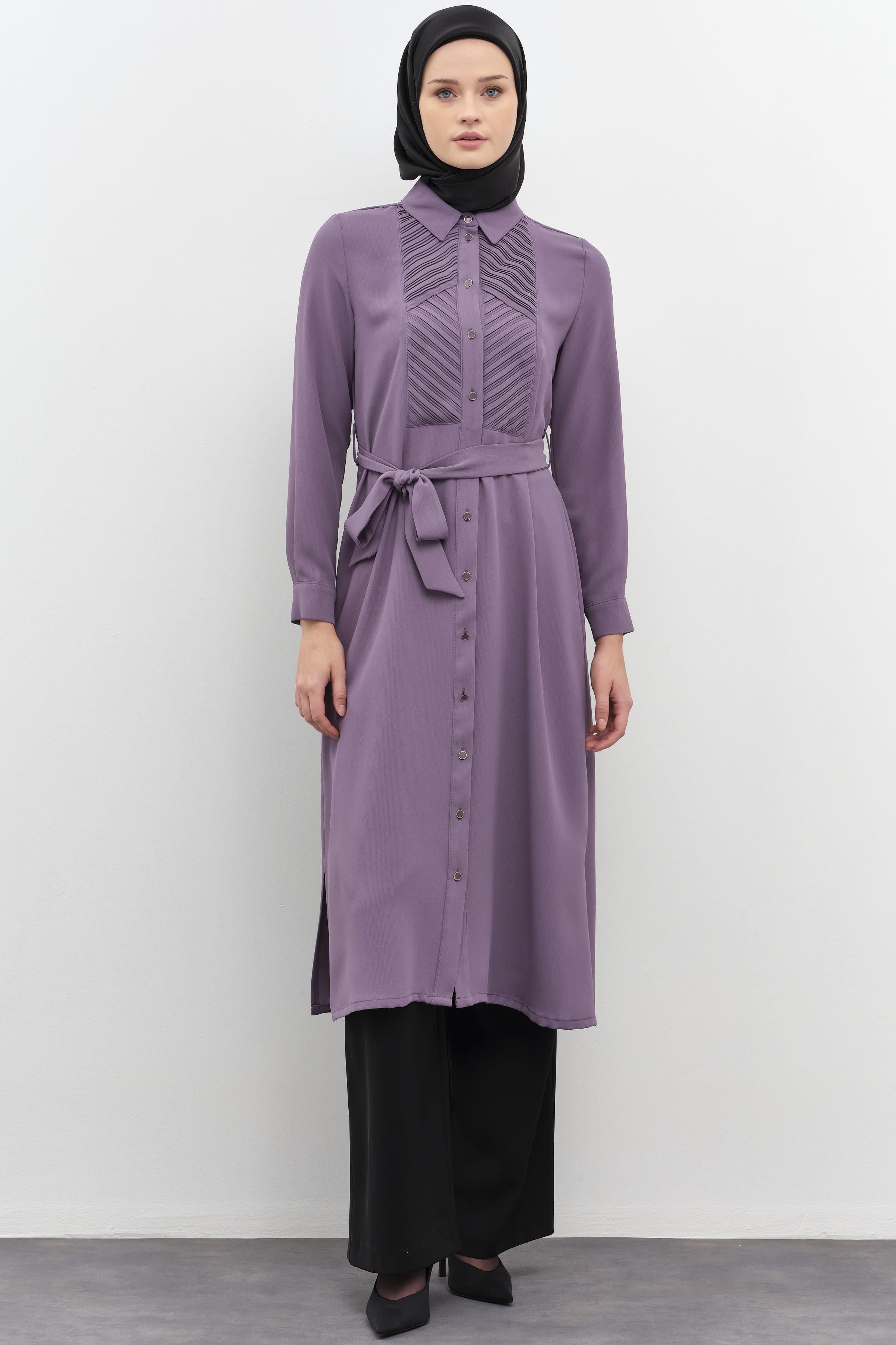 Beli Kuşaklı Plise Detaylı Tunik - Lila TUGBA