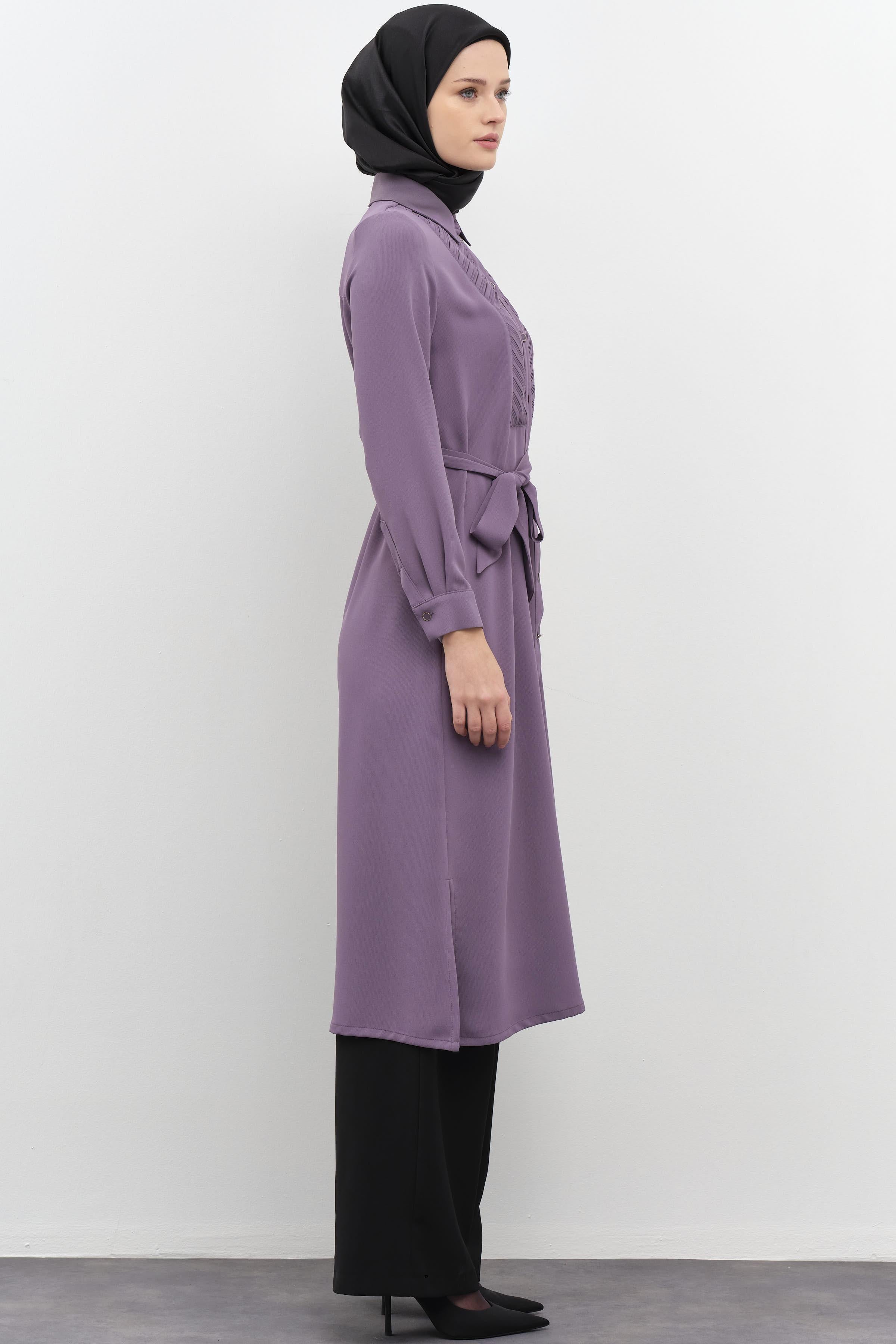 Beli Kuşaklı Plise Detaylı Tunik - Lila TUGBA