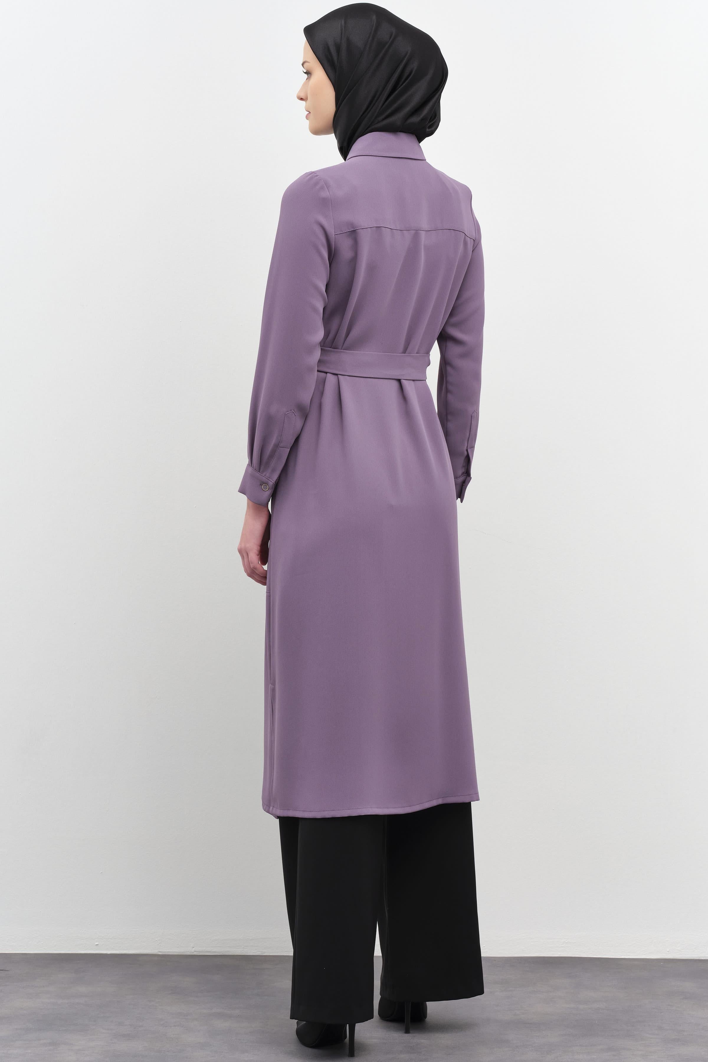 Beli Kuşaklı Plise Detaylı Tunik - Lila TUGBA