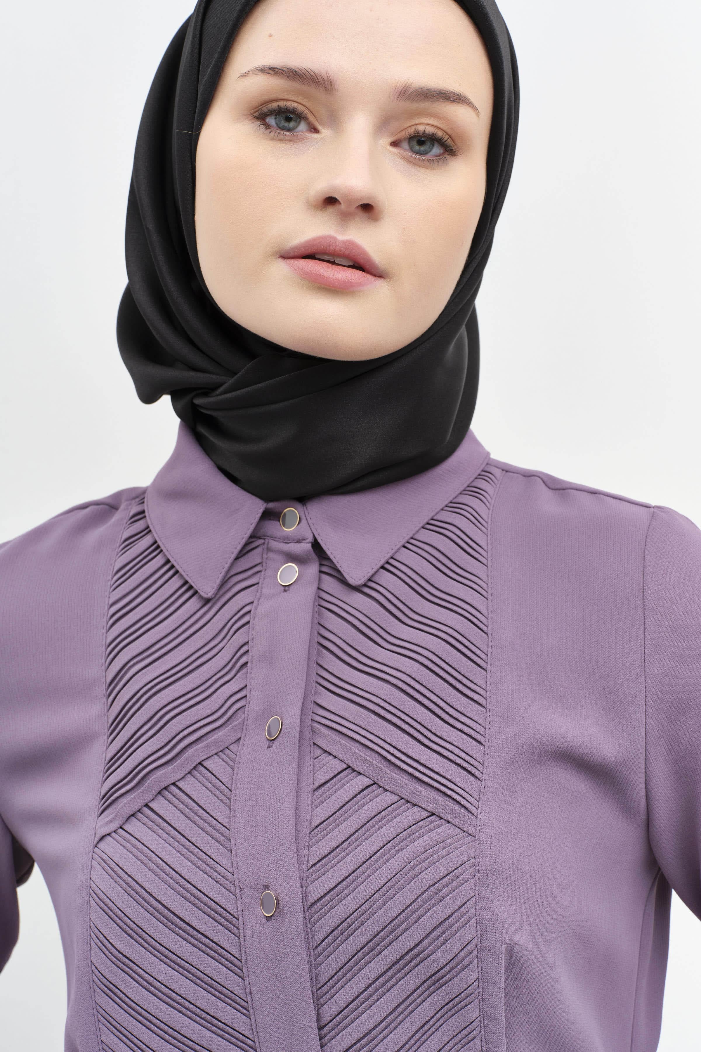 Beli Kuşaklı Plise Detaylı Tunik - Lila TUGBA