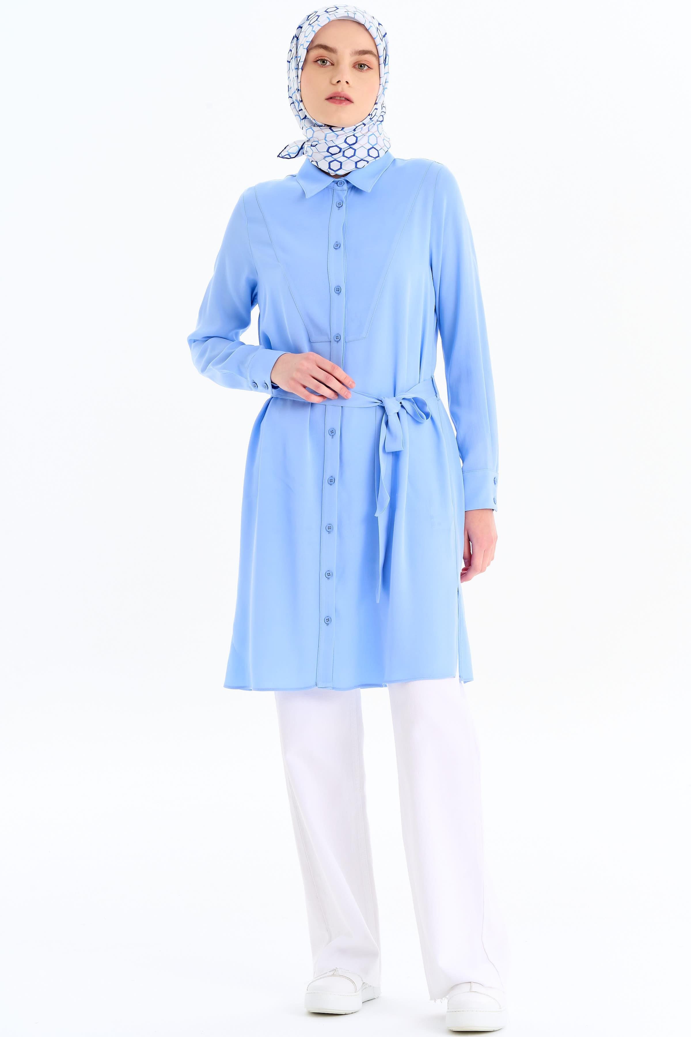 Beli Kuşaklı Robalı Tunik - Açık Mavi TUGBA