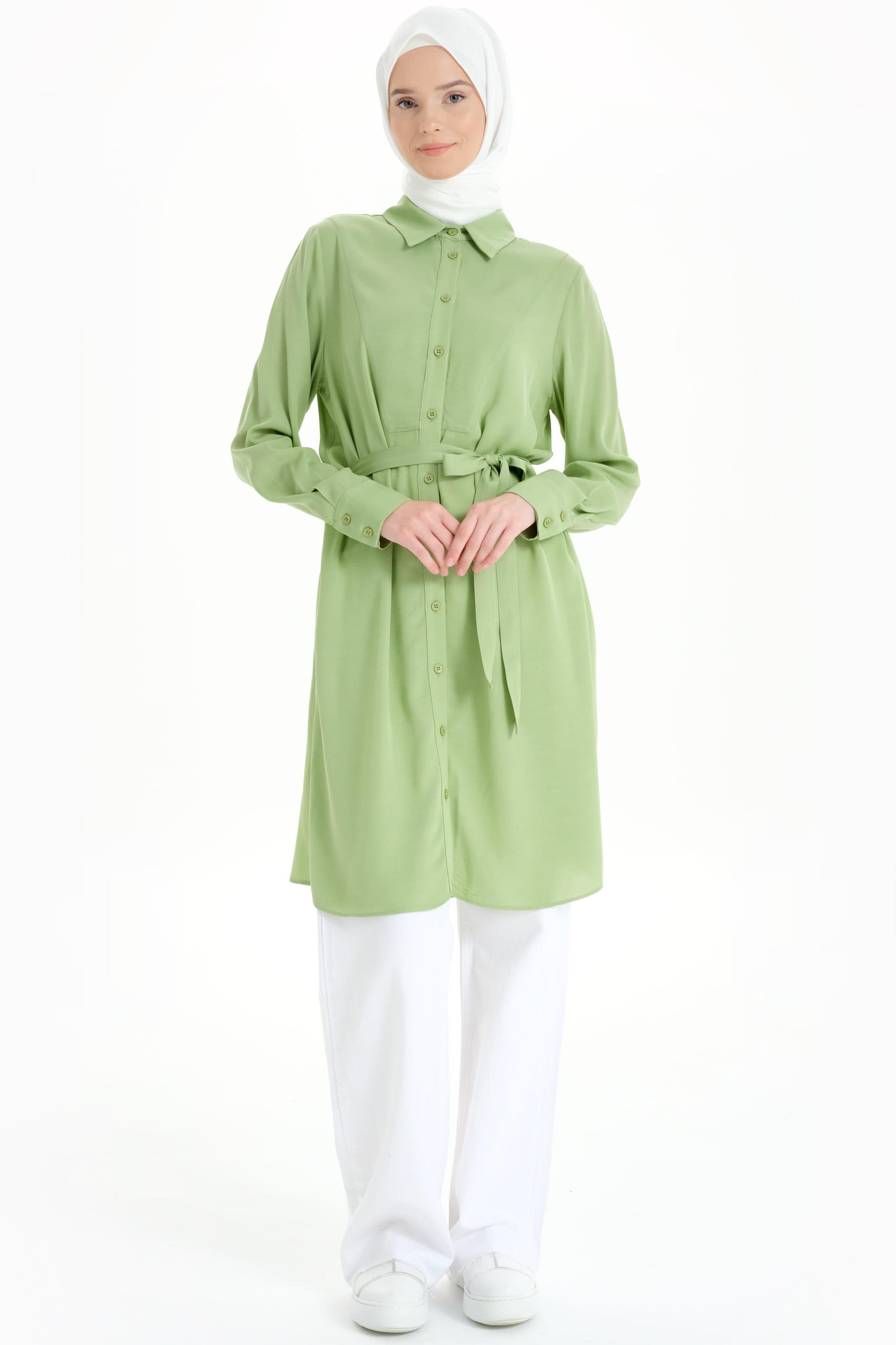 Beli Kuşaklı Robalı Tunik - Fıstık Yeşili TUGBA