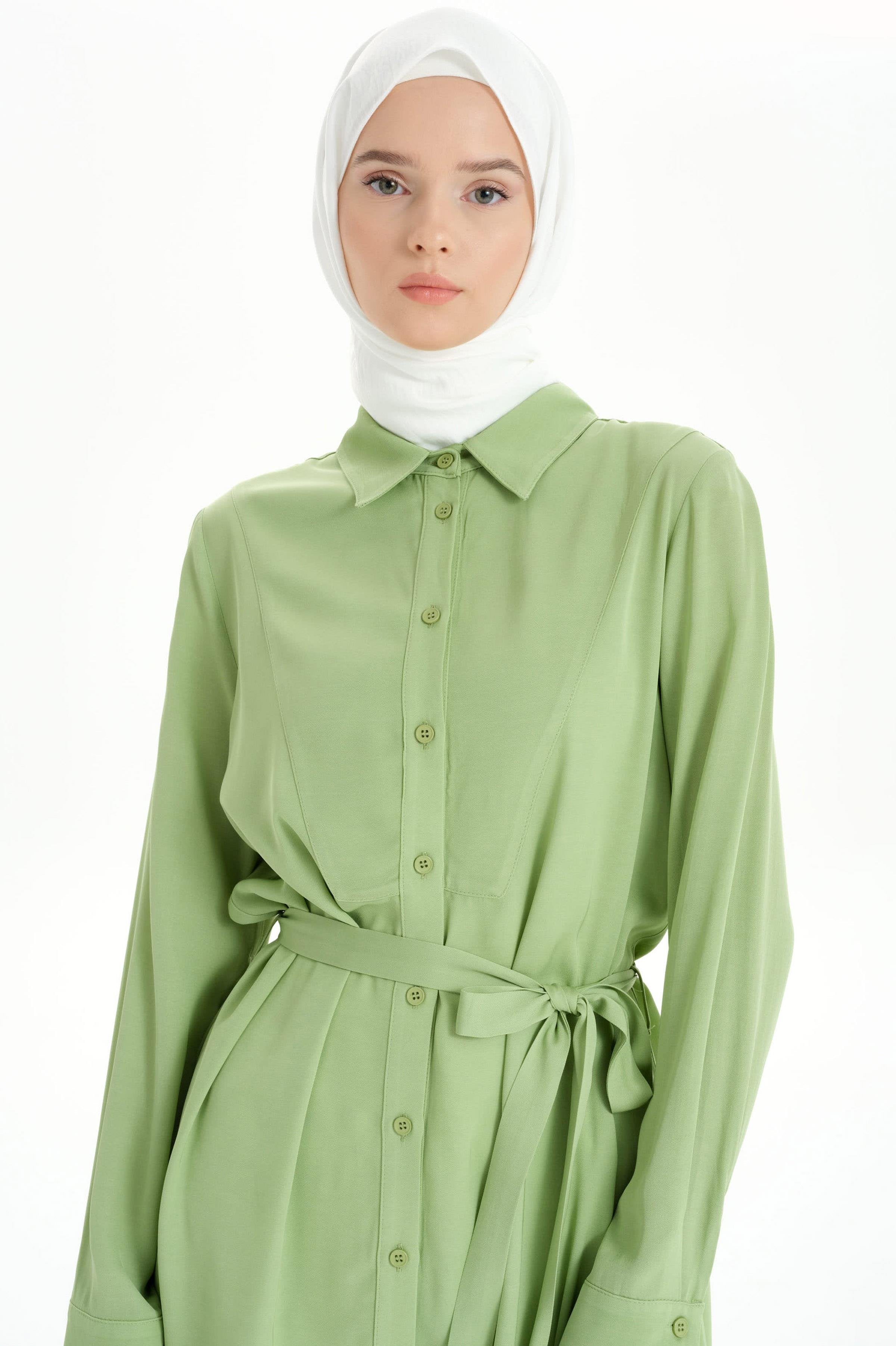 Beli Kuşaklı Robalı Tunik - Fıstık Yeşili TUGBA