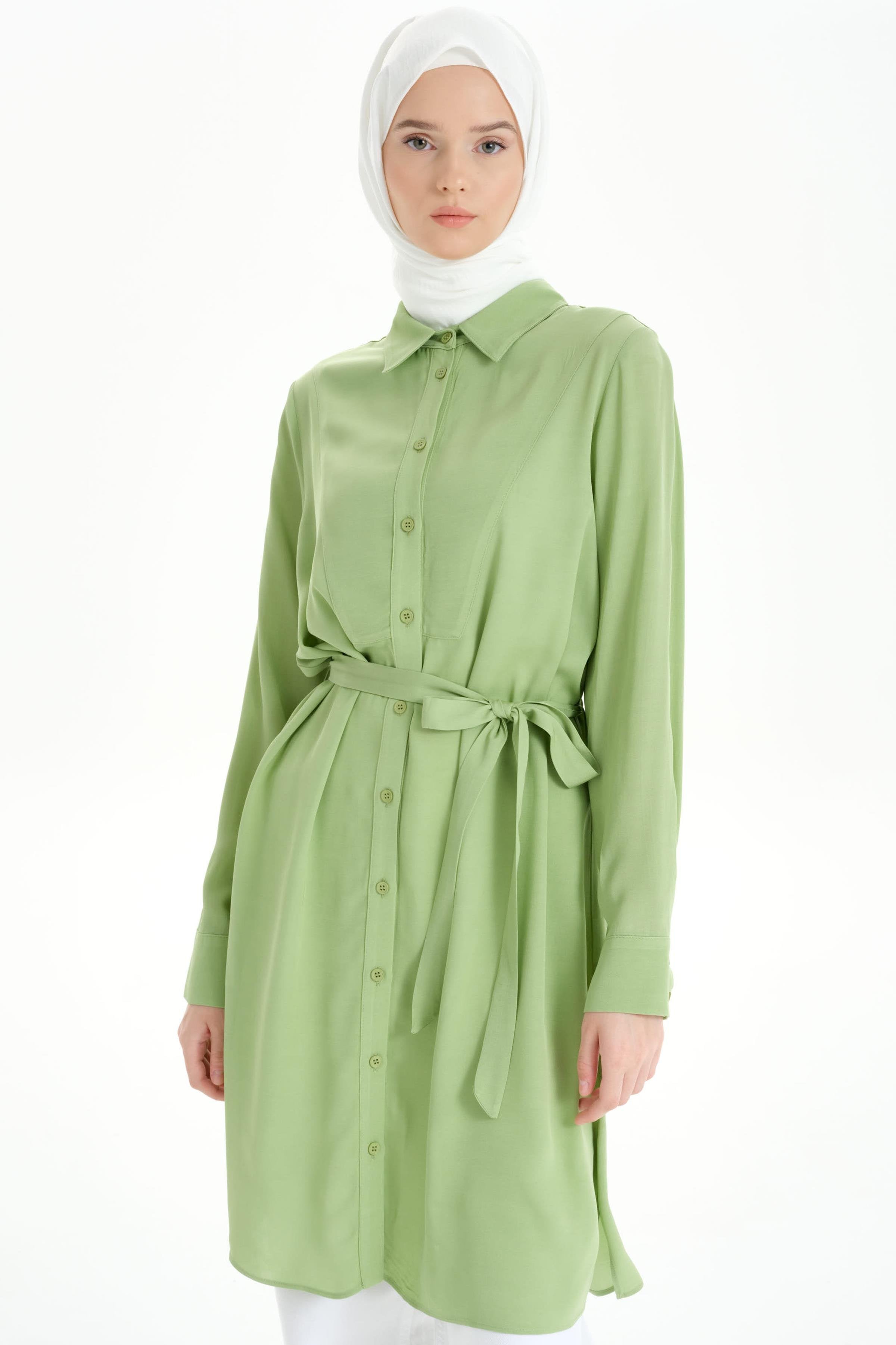 Beli Kuşaklı Robalı Tunik - Fıstık Yeşili TUGBA
