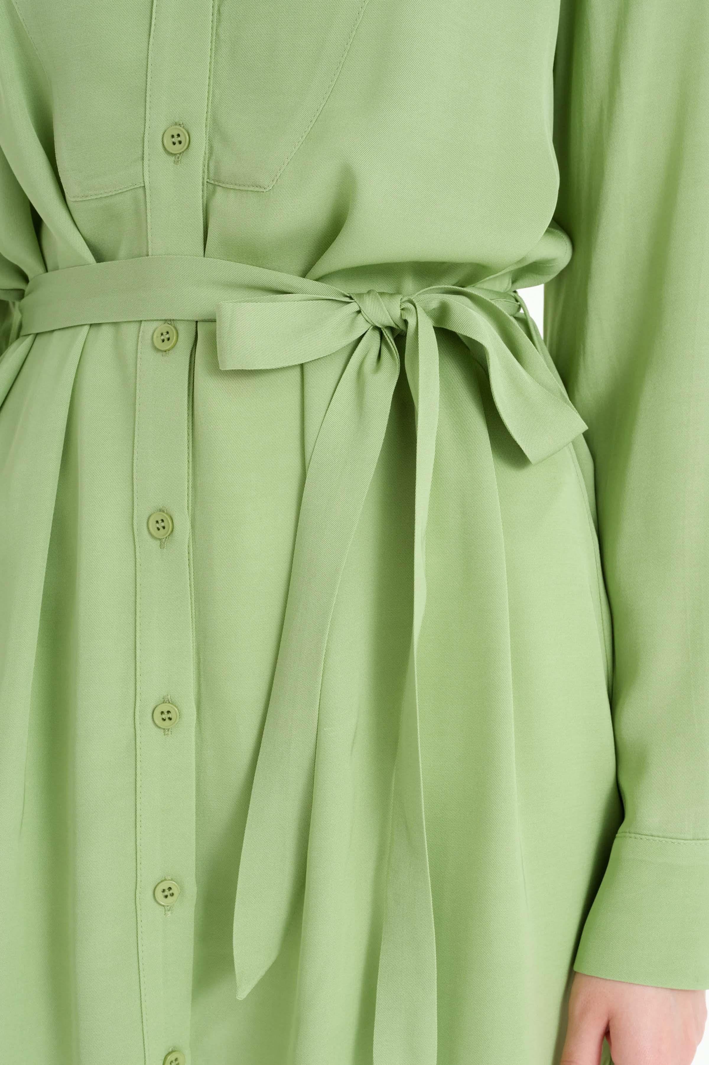 Beli Kuşaklı Robalı Tunik - Fıstık Yeşili TUGBA