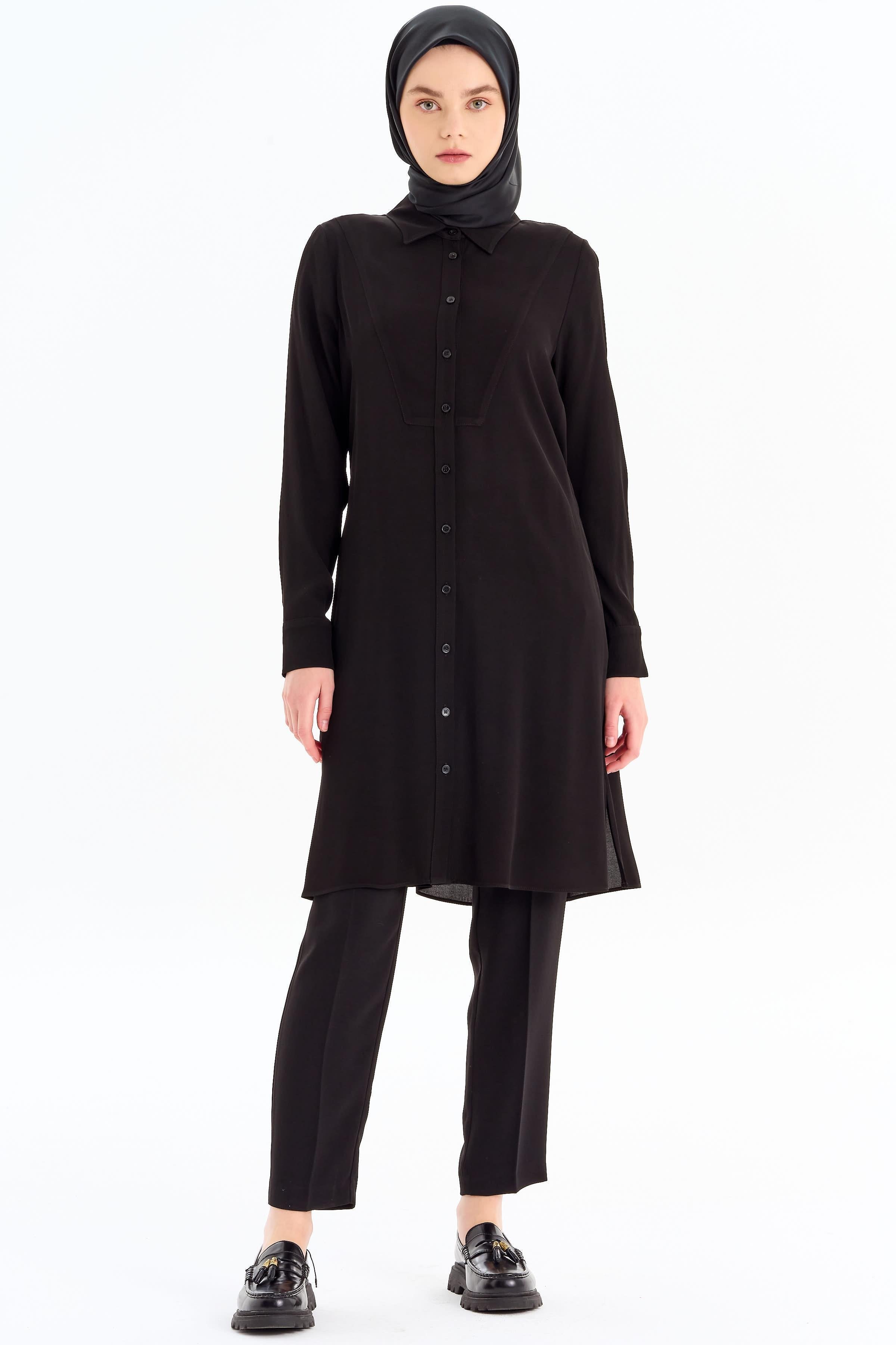 Beli Kuşaklı Robalı Tunik - Siyah TUGBA