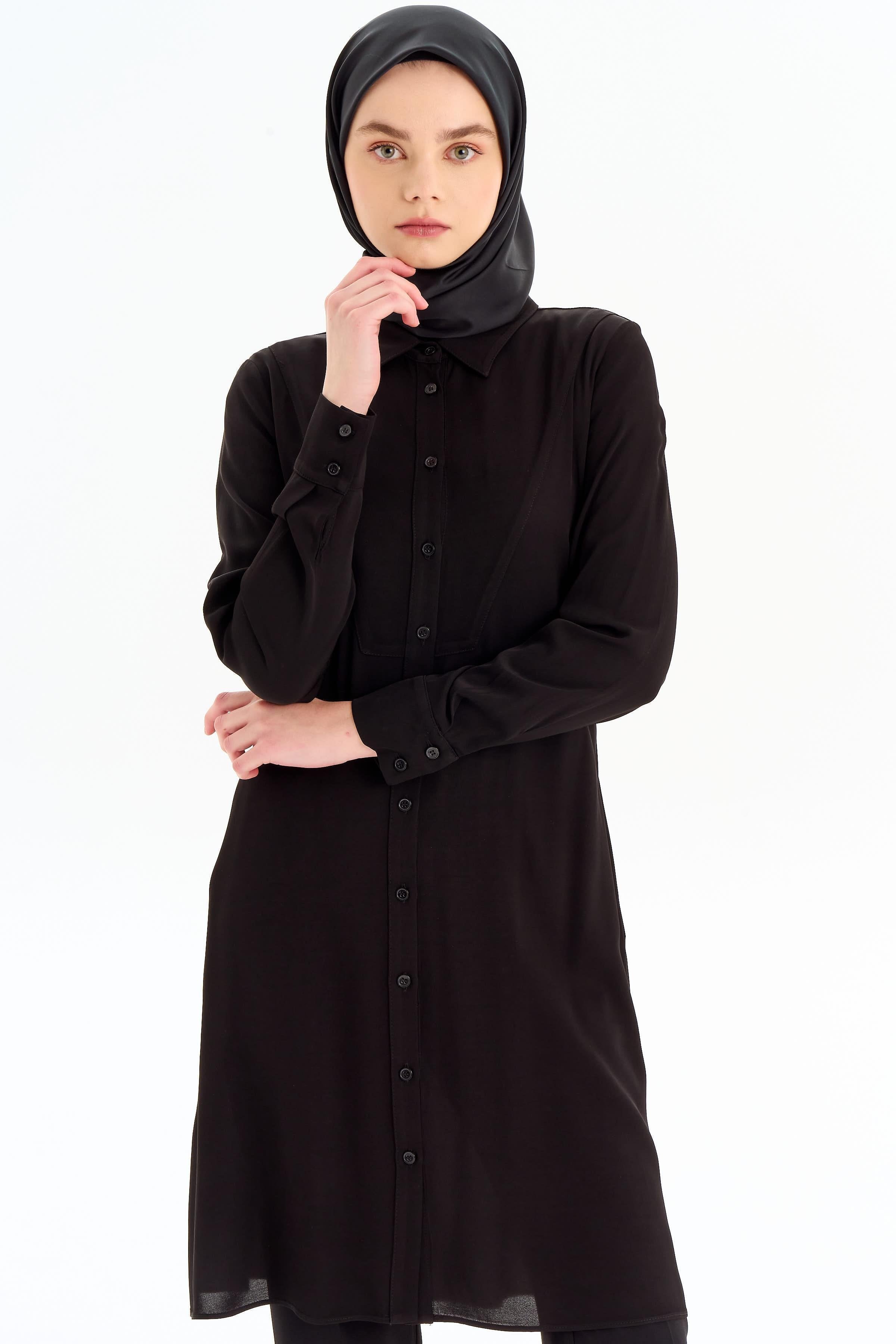 Beli Kuşaklı Robalı Tunik - Siyah TUGBA