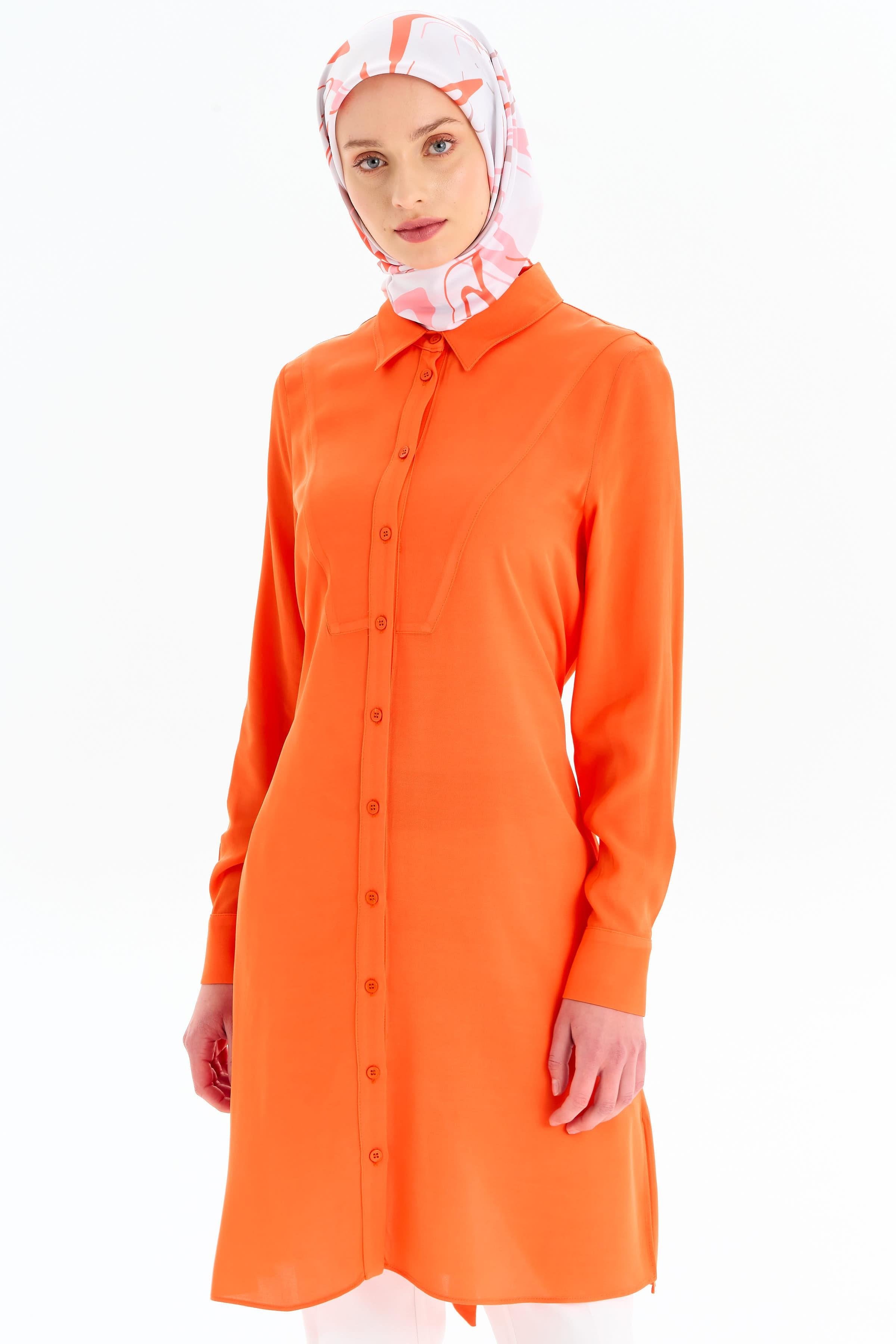 Beli Kuşaklı Robalı Tunik - Turuncu TUGBA