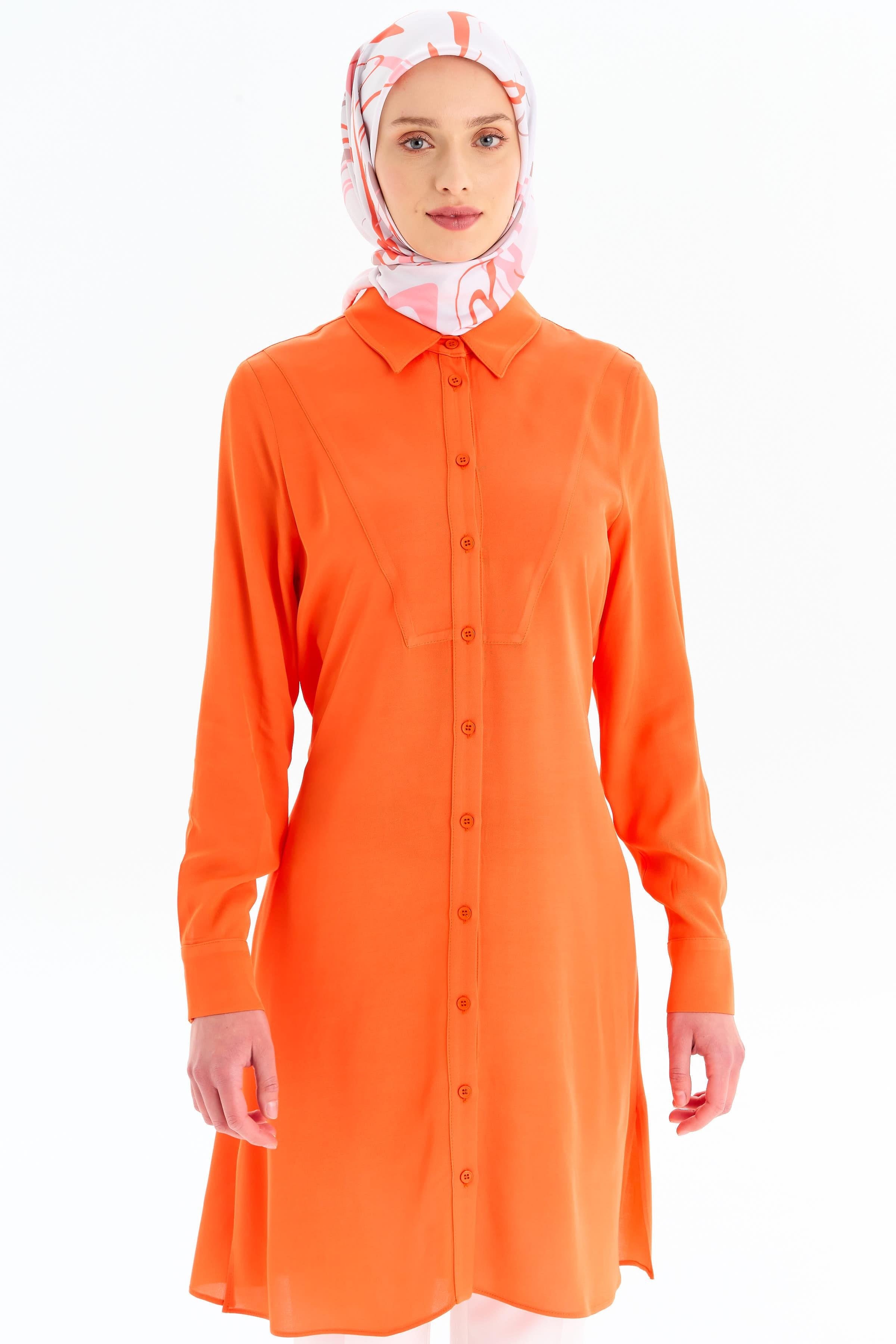 Beli Kuşaklı Robalı Tunik - Turuncu TUGBA