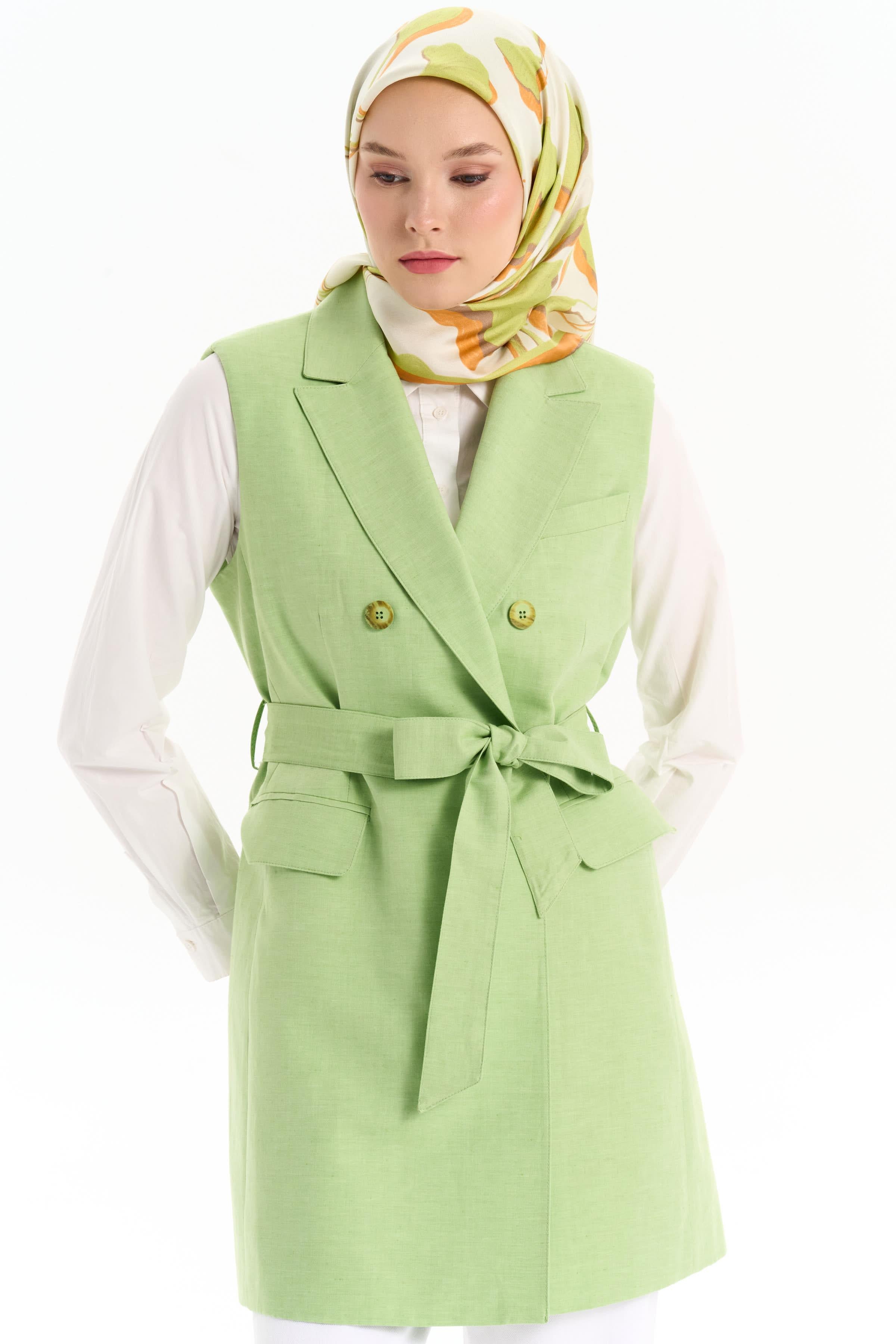 Beli Kuşaklı Vatkalı Yelek - Açık Yeşil TUGBA