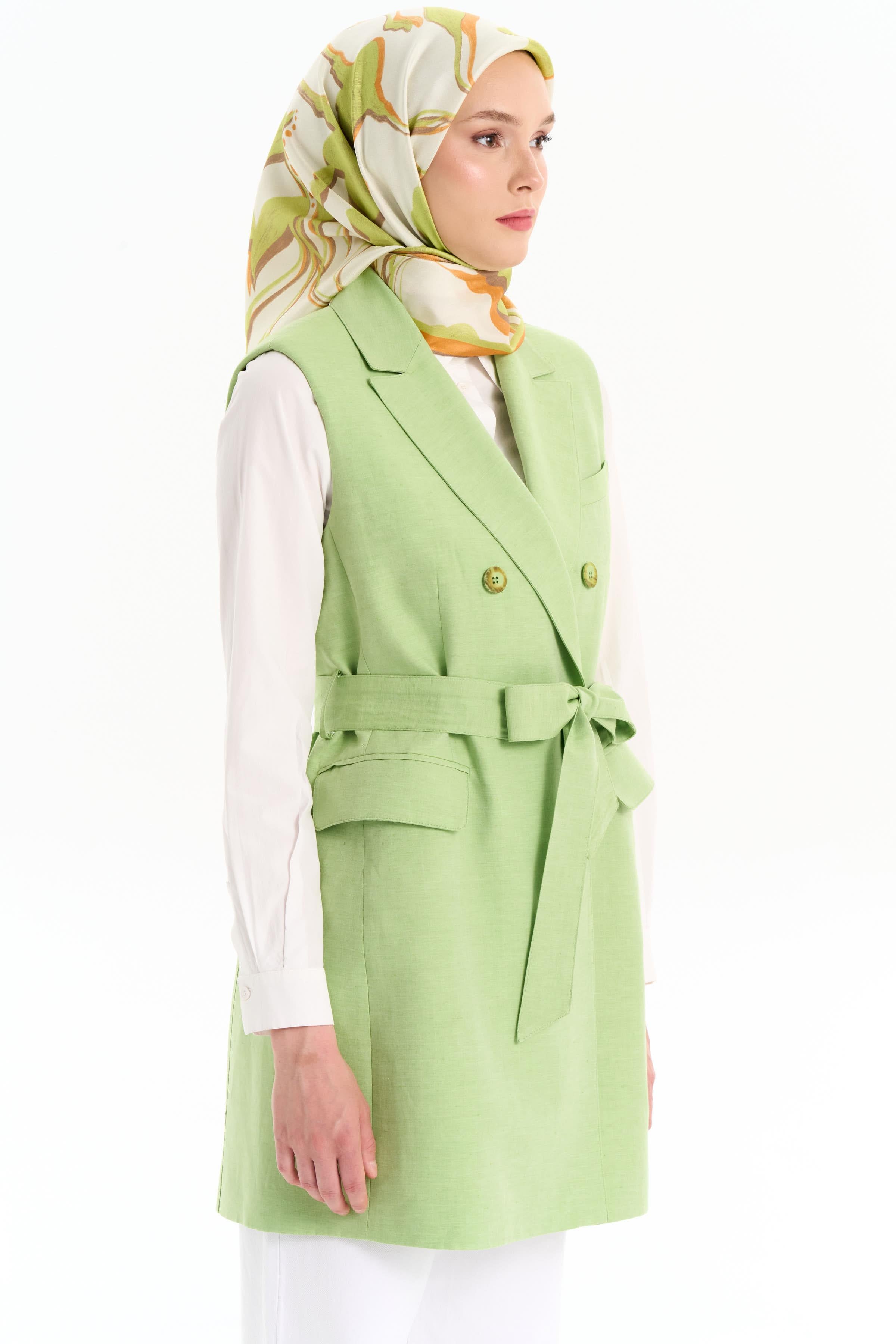 Beli Kuşaklı Vatkalı Yelek - Açık Yeşil TUGBA