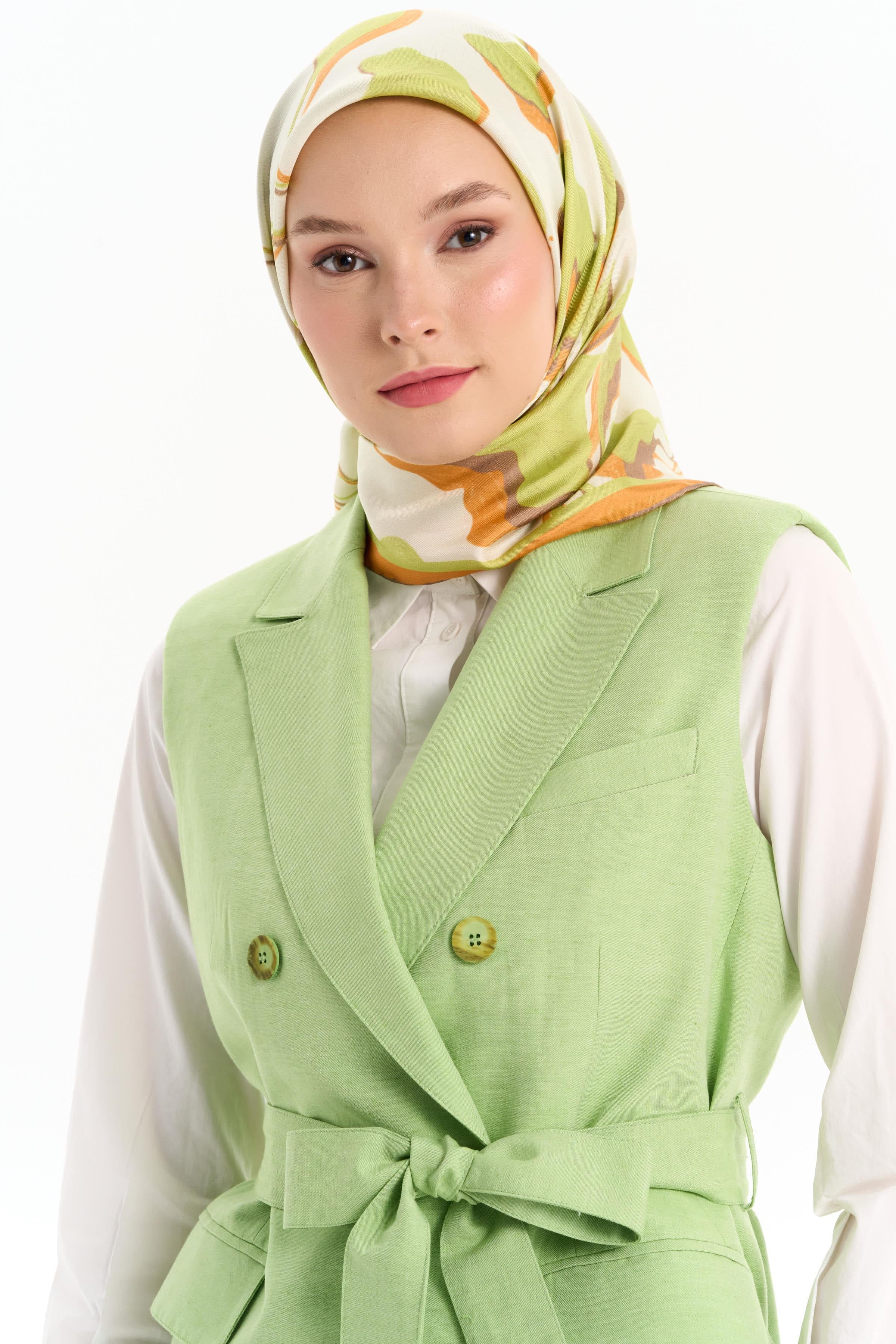 Beli Kuşaklı Vatkalı Yelek - Açık Yeşil TUGBA