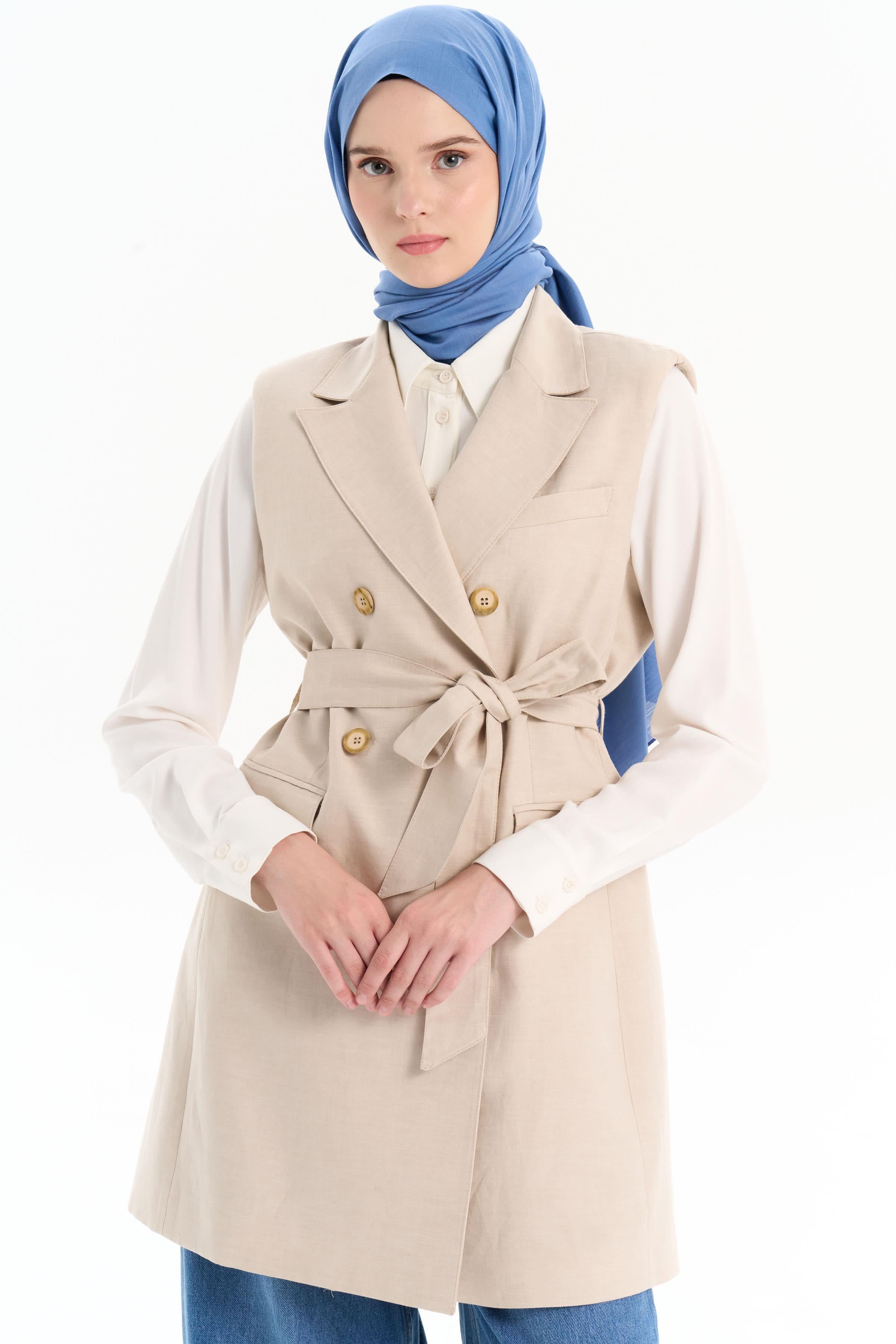 Beli Kuşaklı Vatkalı Yelek - Bej TUGBA