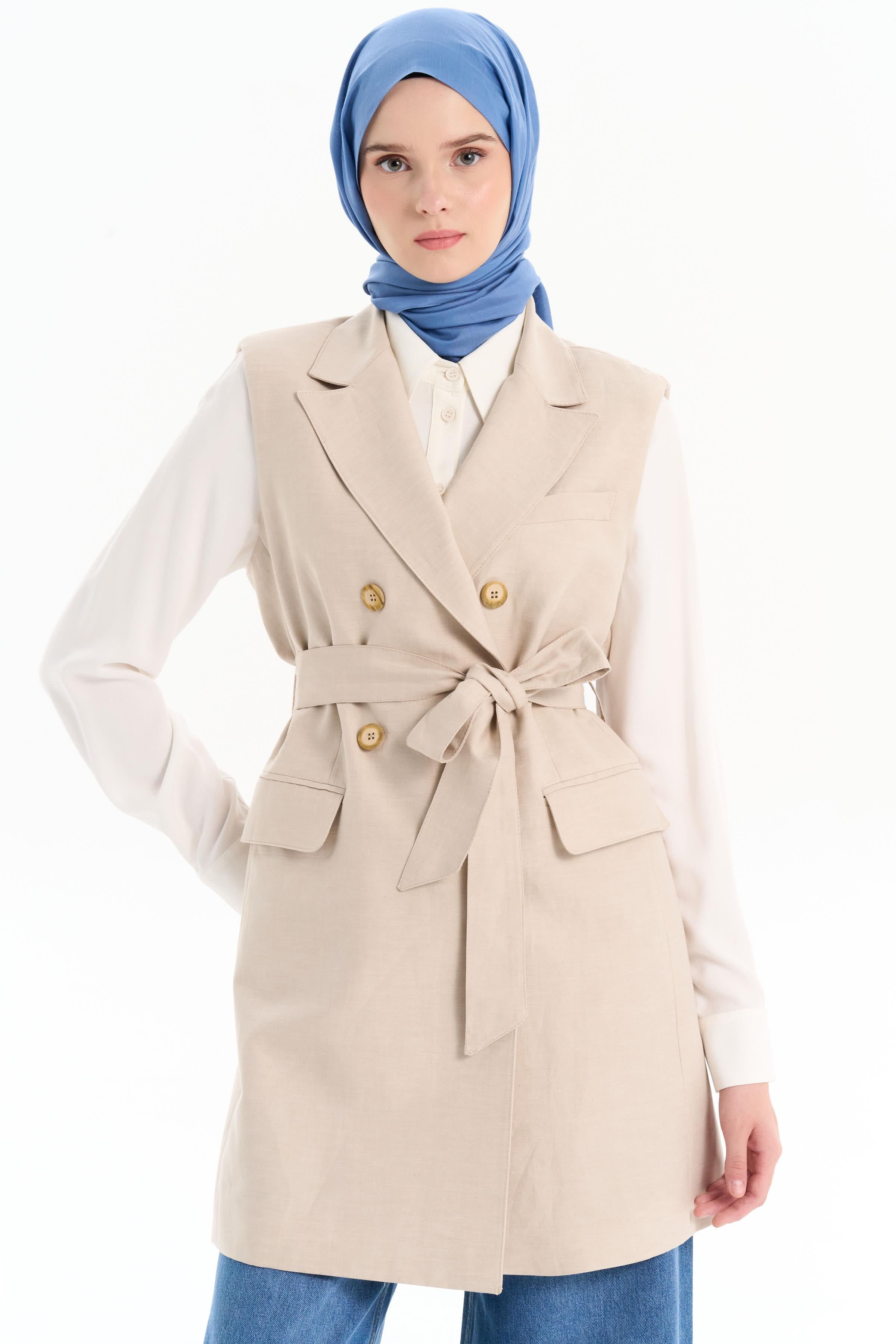 Beli Kuşaklı Vatkalı Yelek - Bej TUGBA