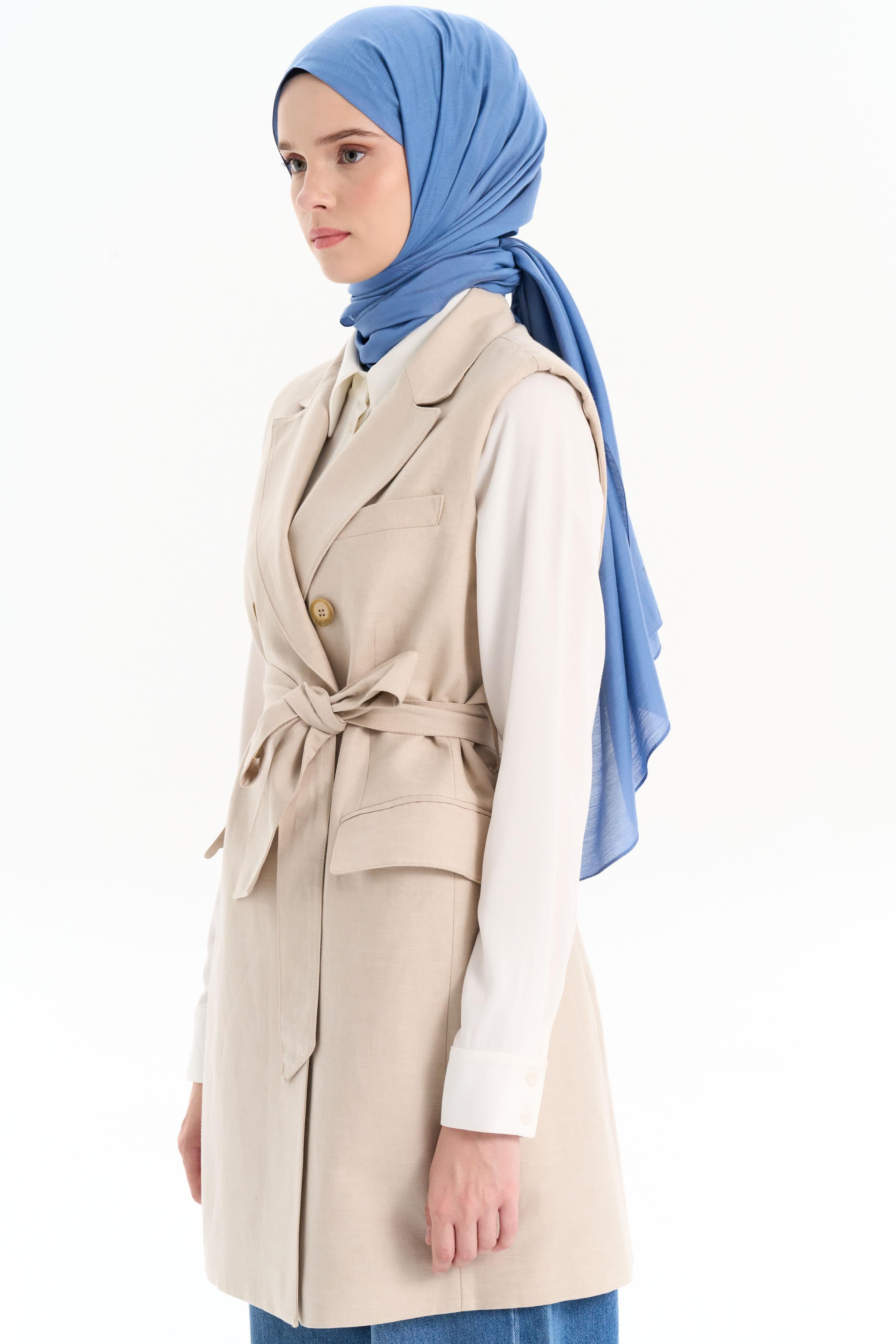 Beli Kuşaklı Vatkalı Yelek - Bej TUGBA