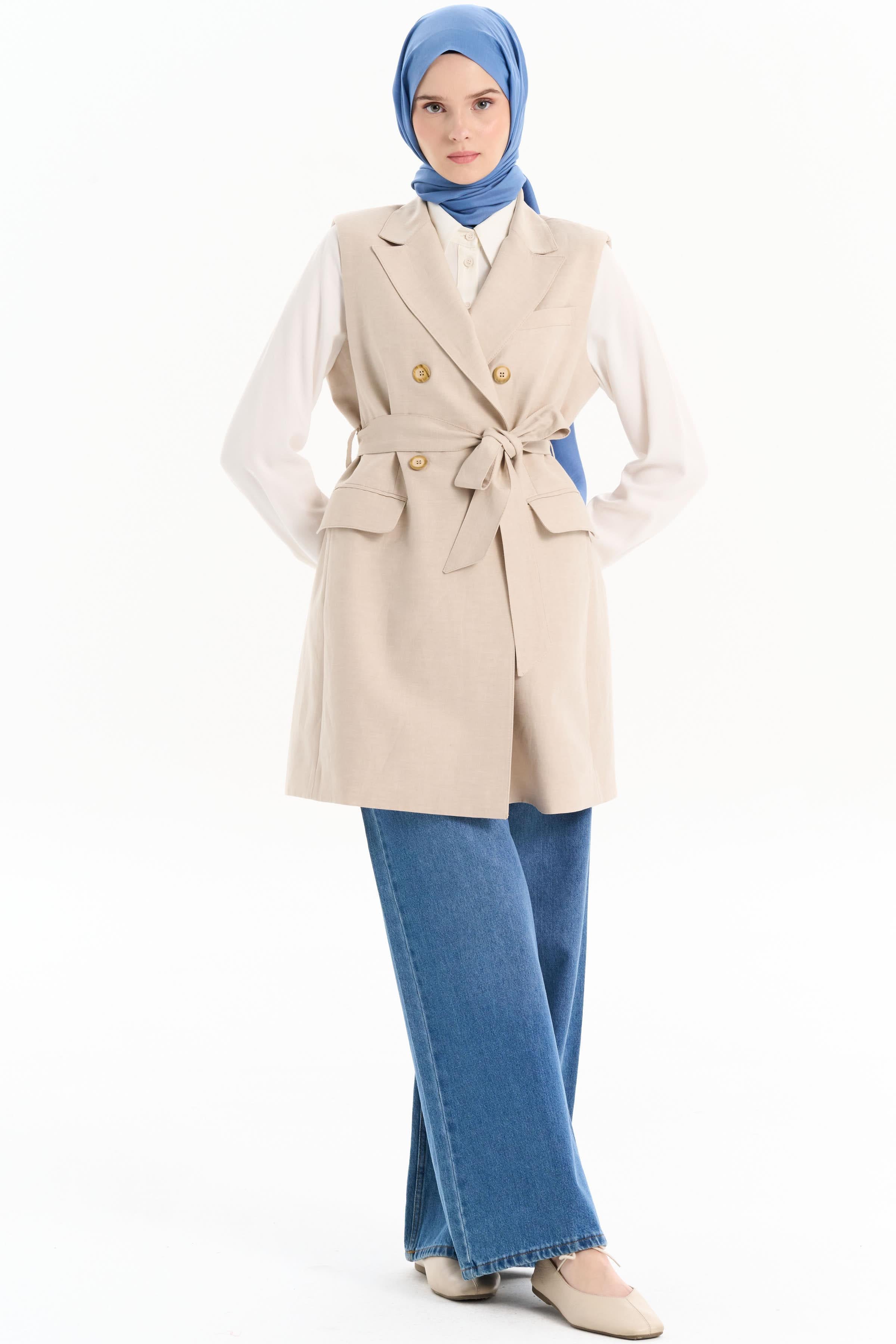 Beli Kuşaklı Vatkalı Yelek - Bej TUGBA