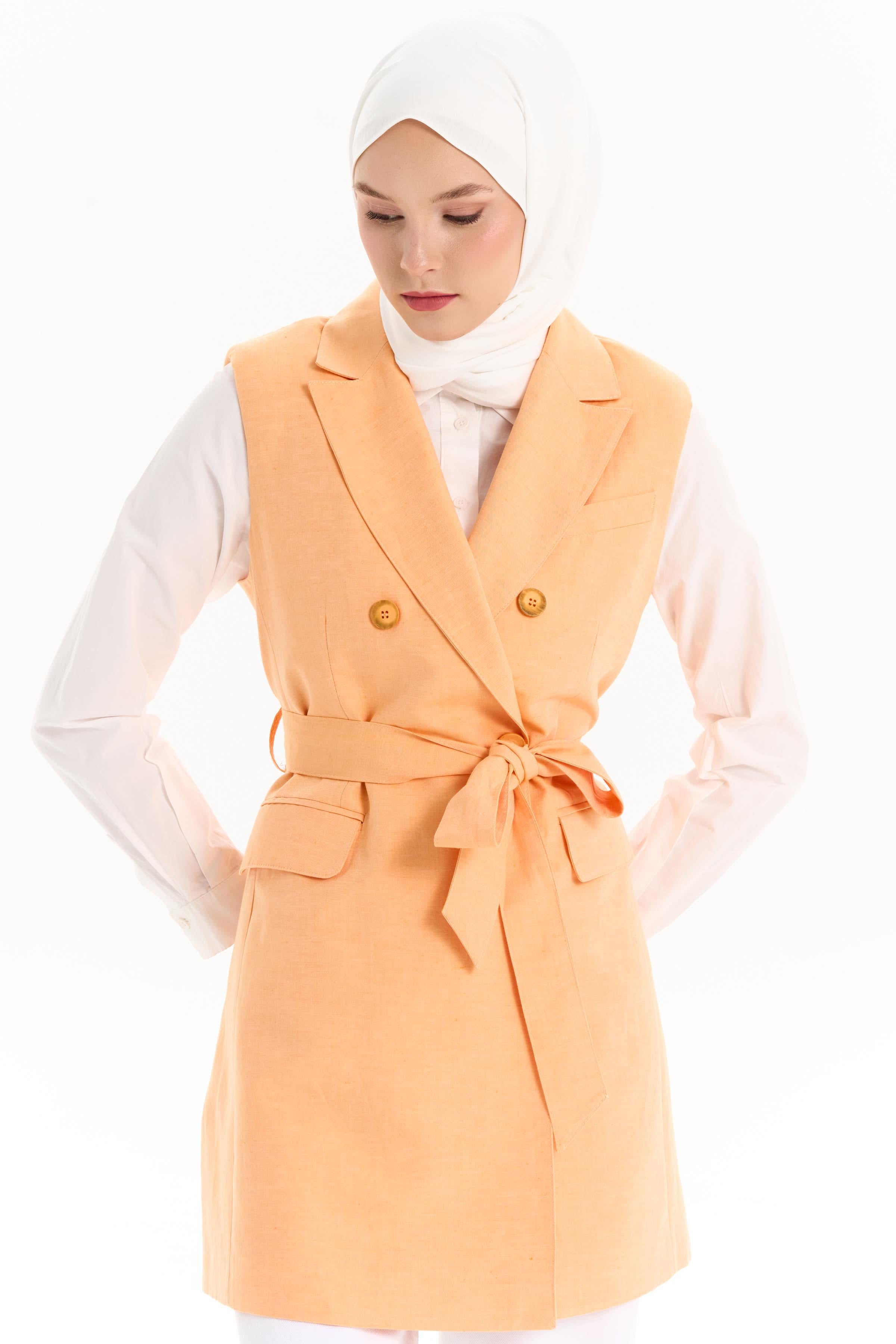 Beli Kuşaklı Vatkalı Yelek - Yavruağzı TUGBA