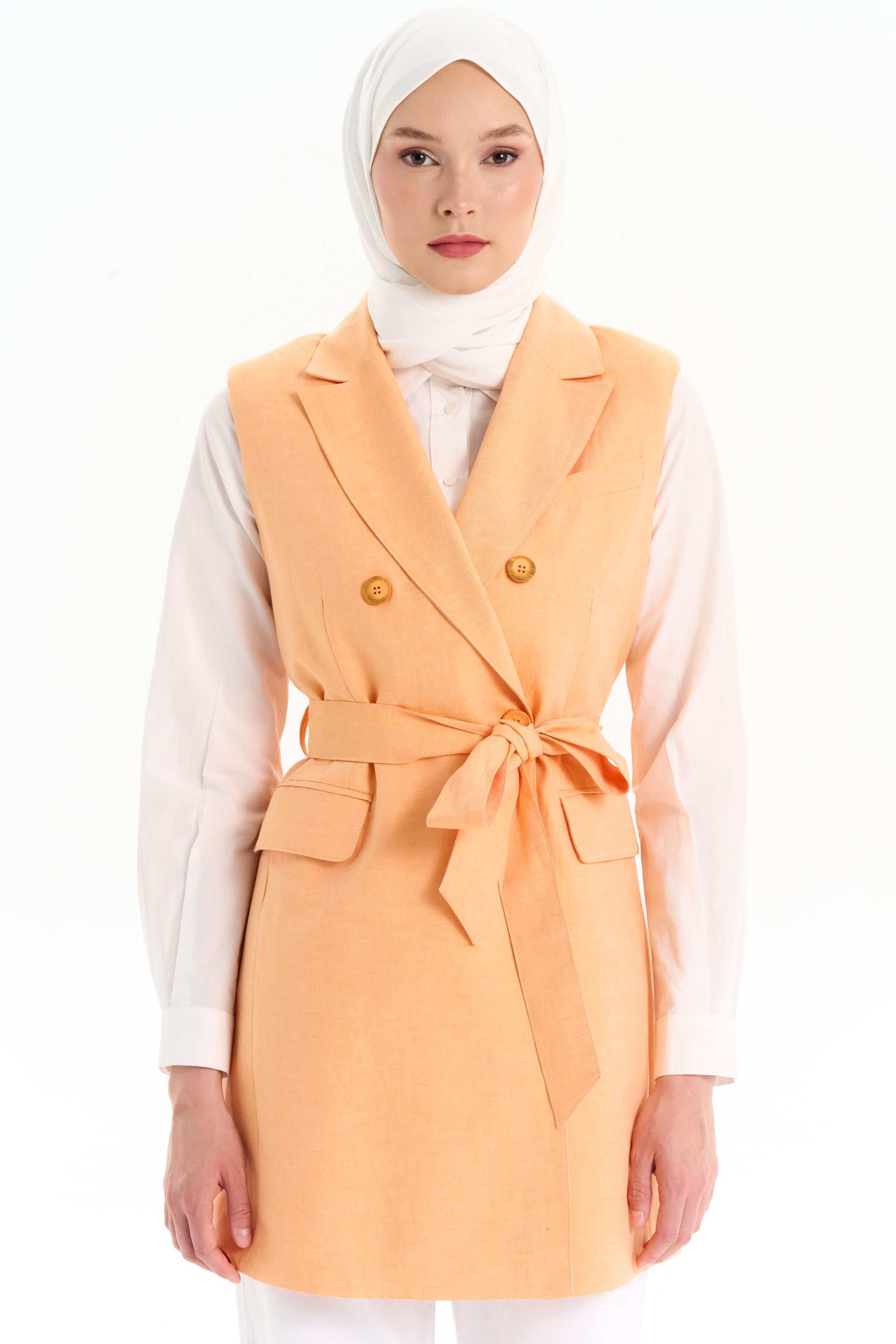 Beli Kuşaklı Vatkalı Yelek - Yavruağzı TUGBA