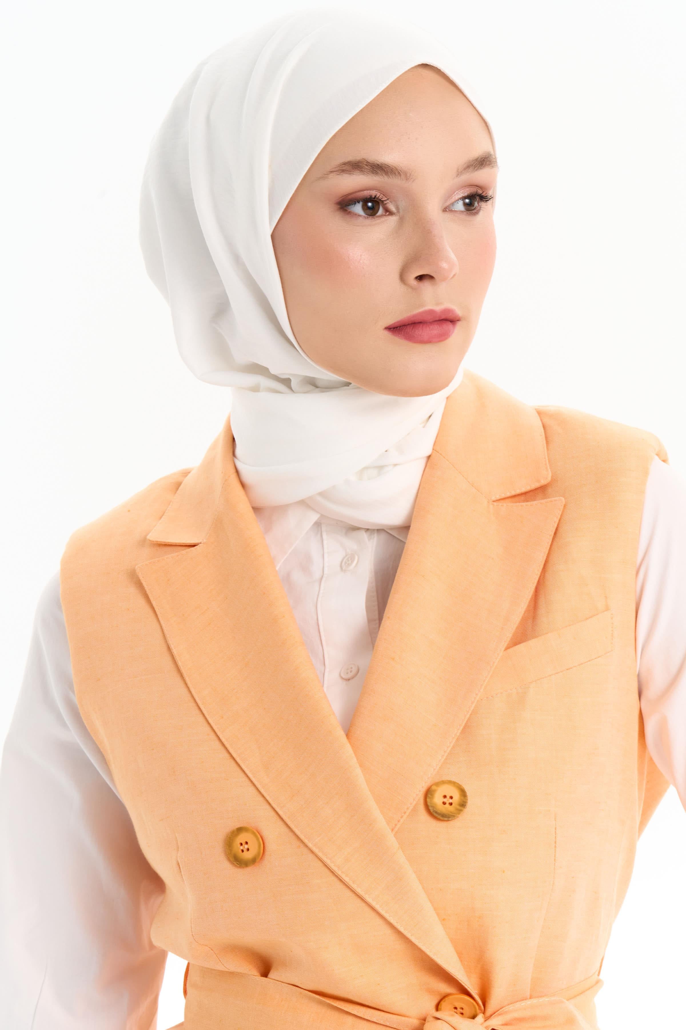 Beli Kuşaklı Vatkalı Yelek - Yavruağzı TUGBA