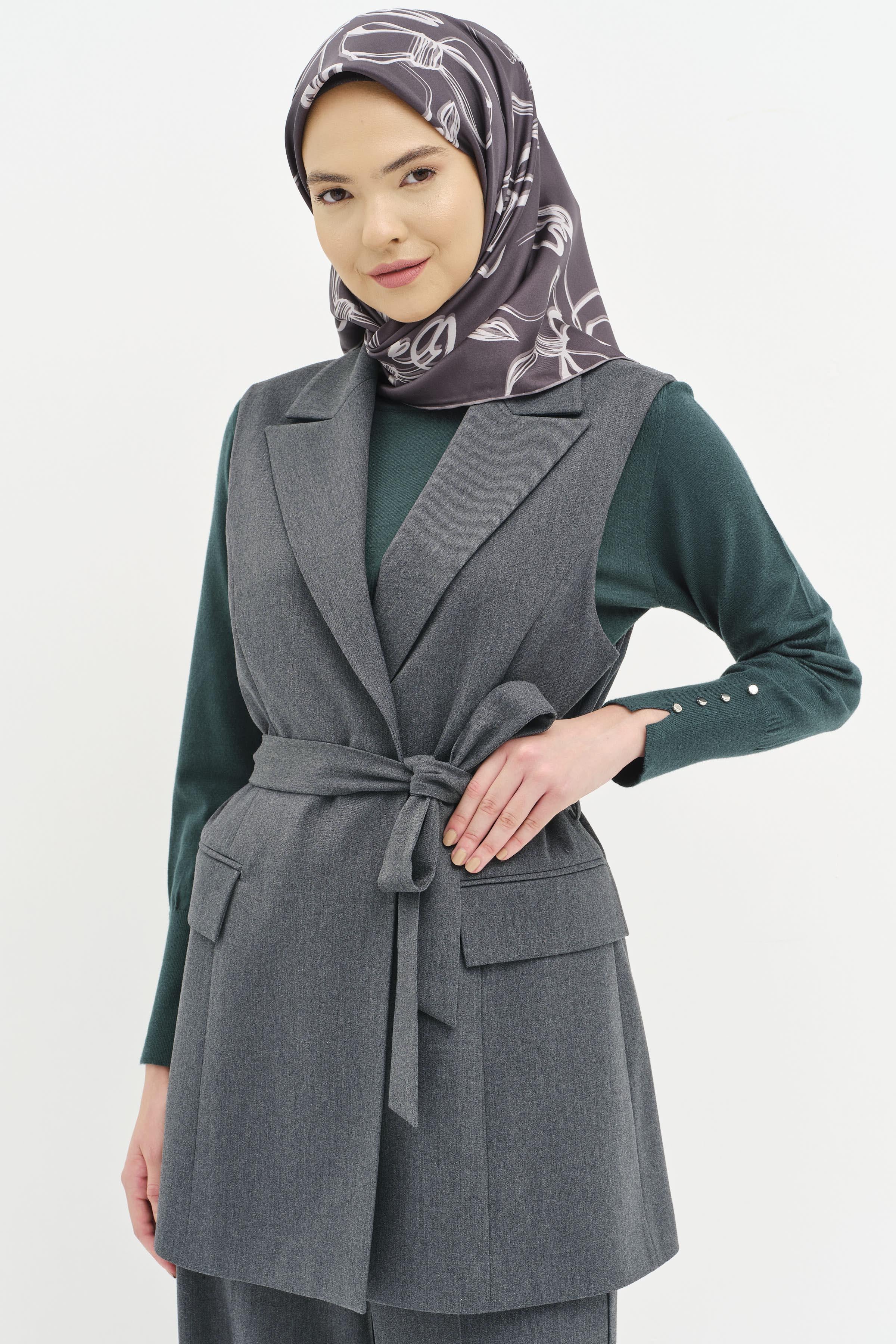 Beli Kuşaklı Yırtmaçlı Yelek - Füme TUGBA