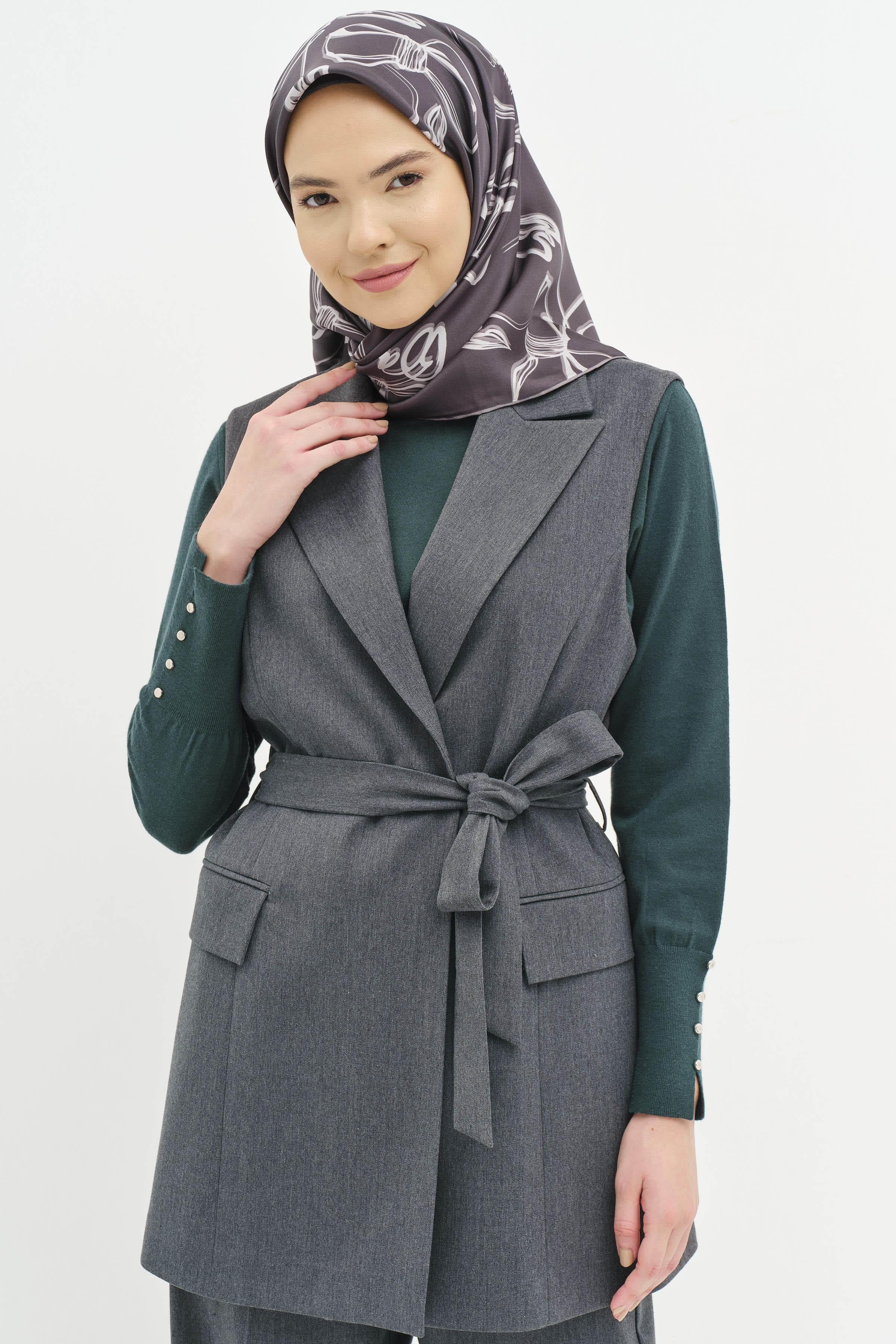 Beli Kuşaklı Yırtmaçlı Yelek - Füme TUGBA