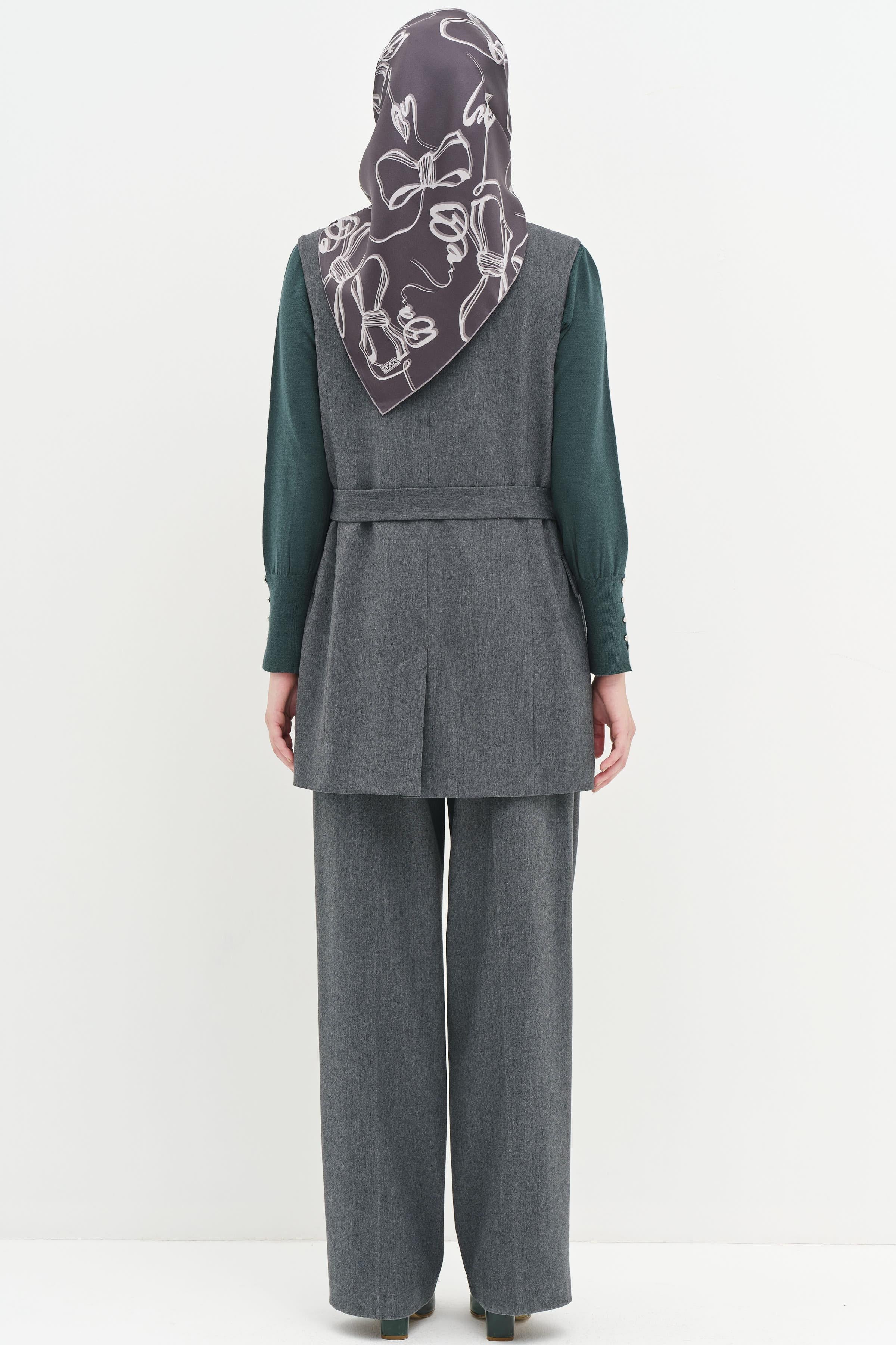 Beli Kuşaklı Yırtmaçlı Yelek - Füme TUGBA