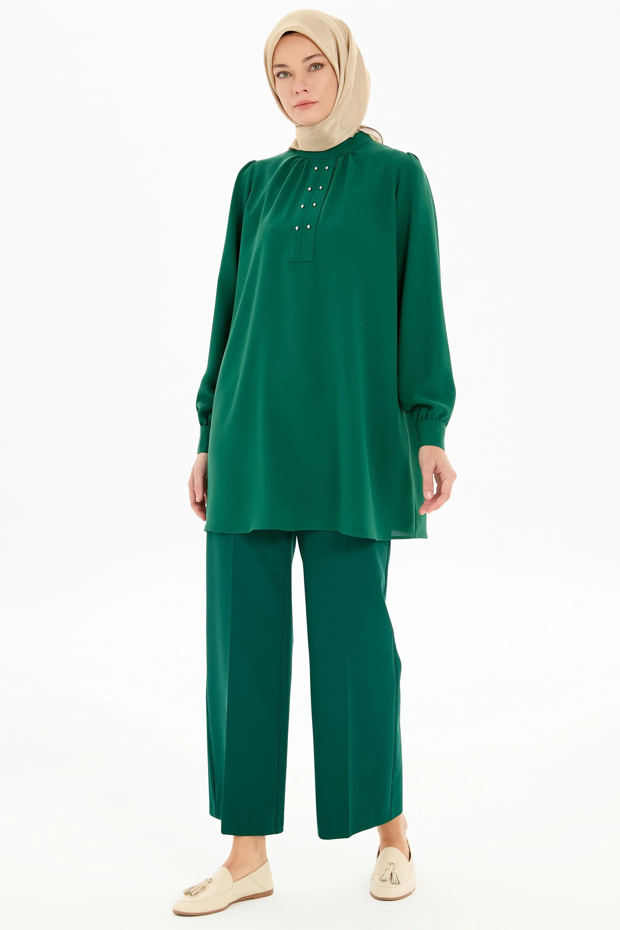 Beli Lastikli Culotte Pantolon - Yeşil TUGBA