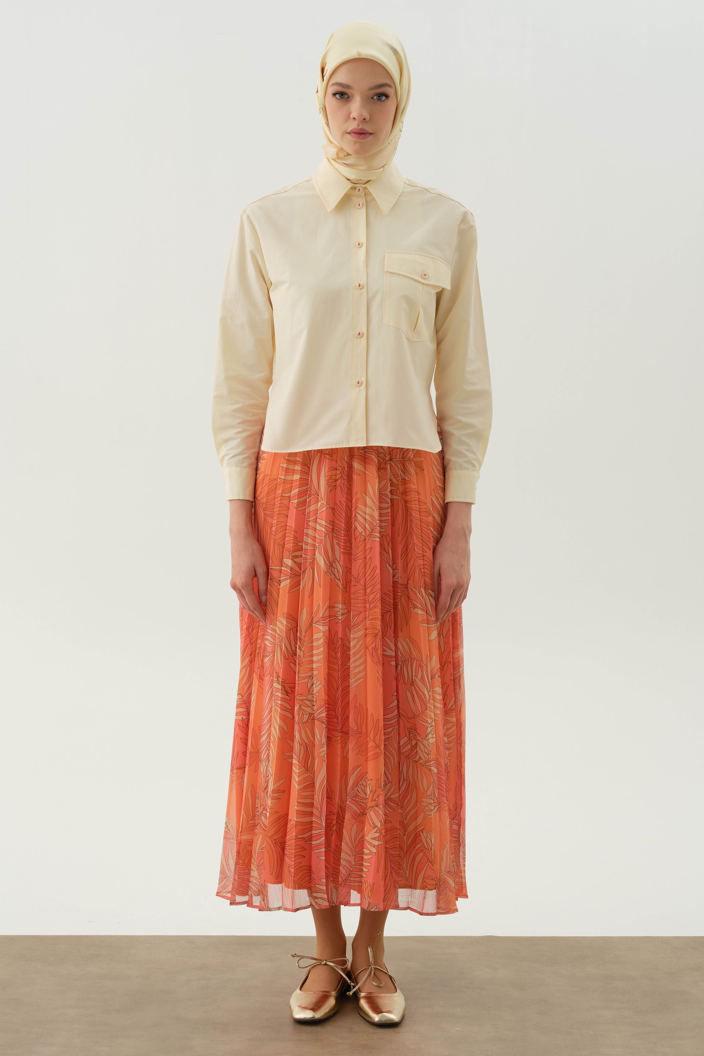 Beli Lastikli Desenli Plisoley Etek - Oranj TUGBA