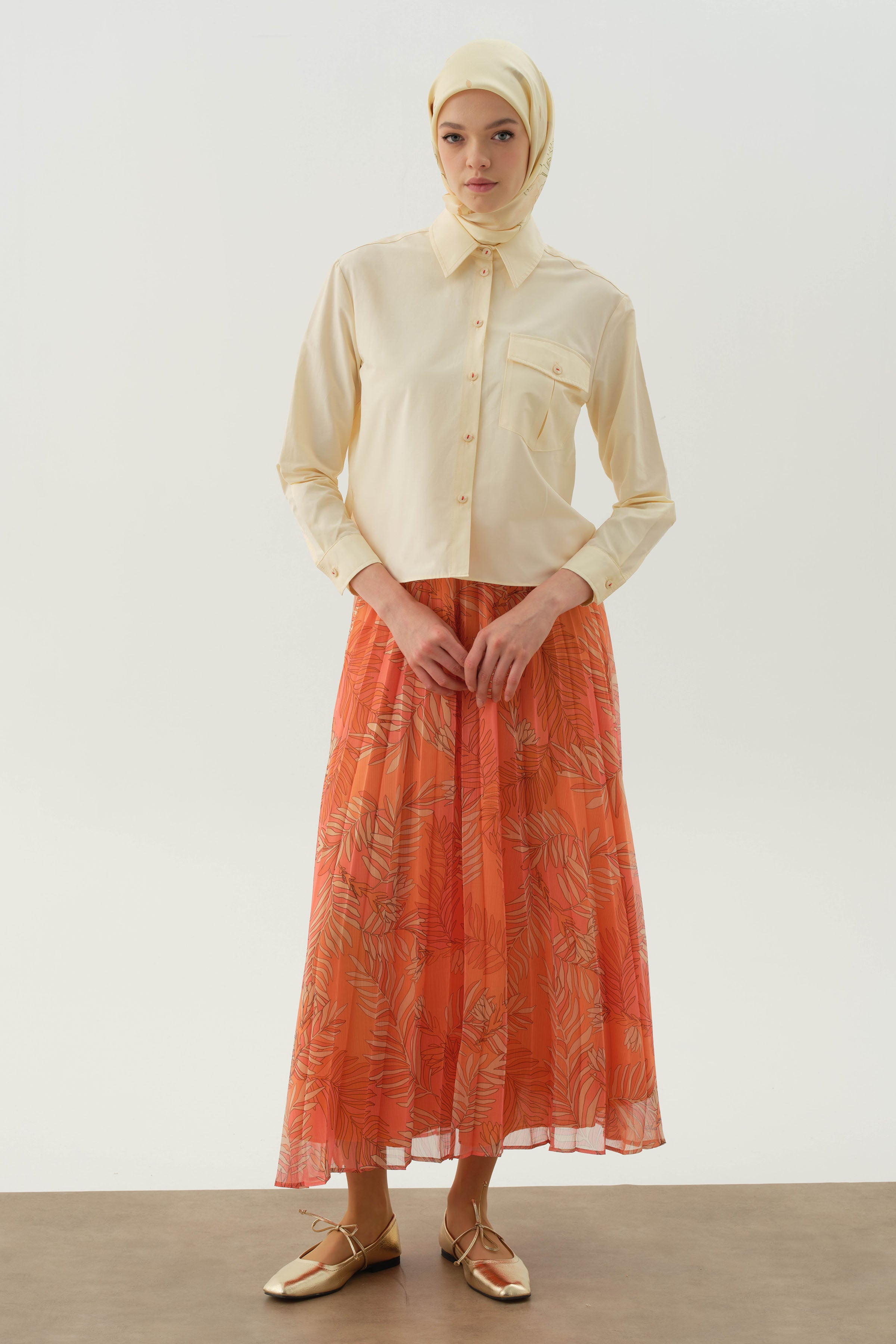 Beli Lastikli Desenli Plisoley Etek - Oranj TUGBA