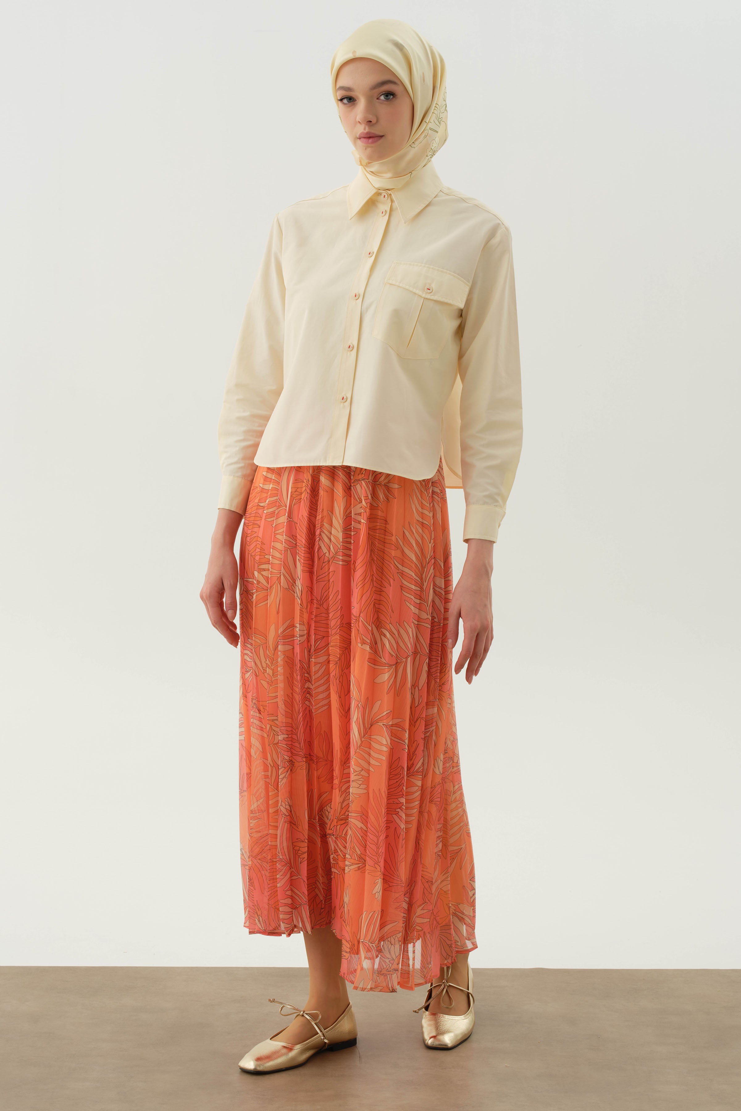 Beli Lastikli Desenli Plisoley Etek - Oranj TUGBA