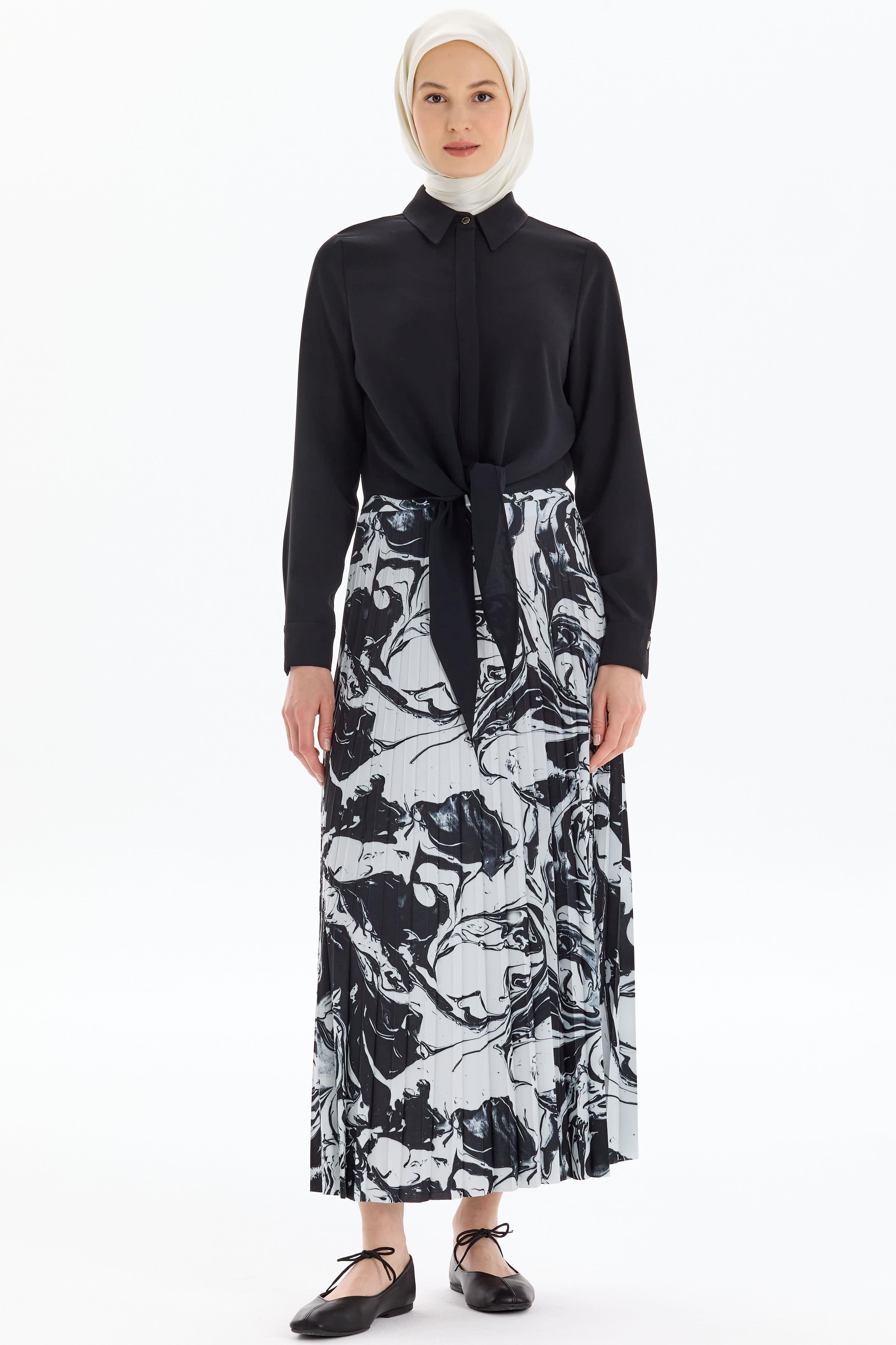 Beli Lastikli Desenli Plisoley Etek - Siyah TUGBA