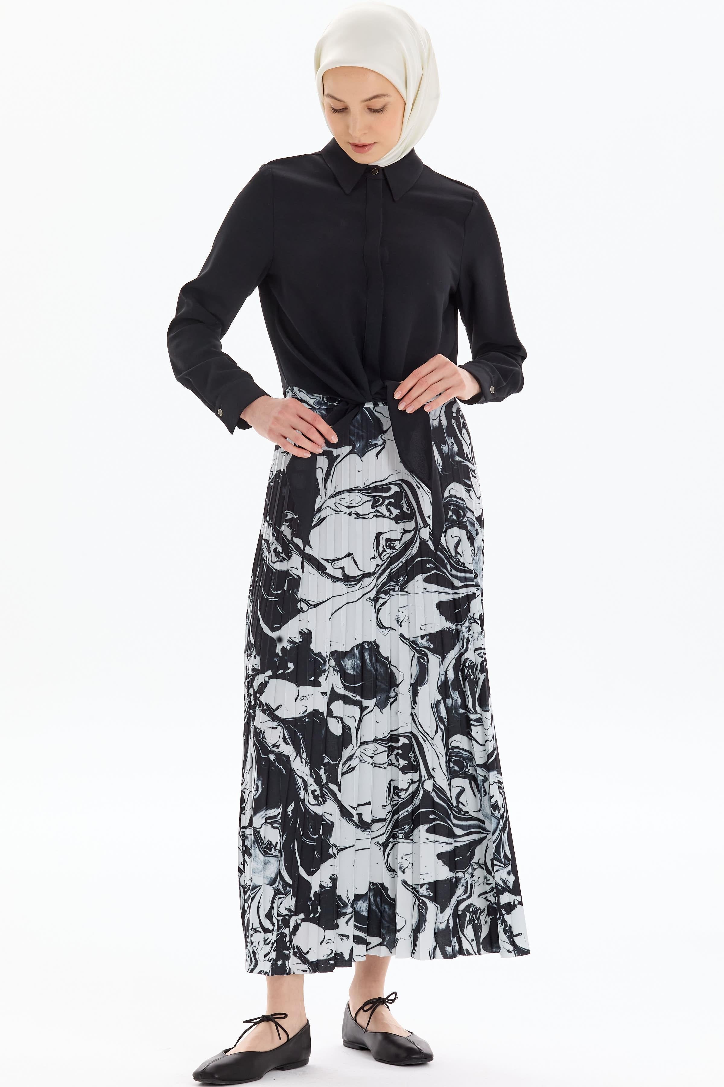 Beli Lastikli Desenli Plisoley Etek - Siyah TUGBA