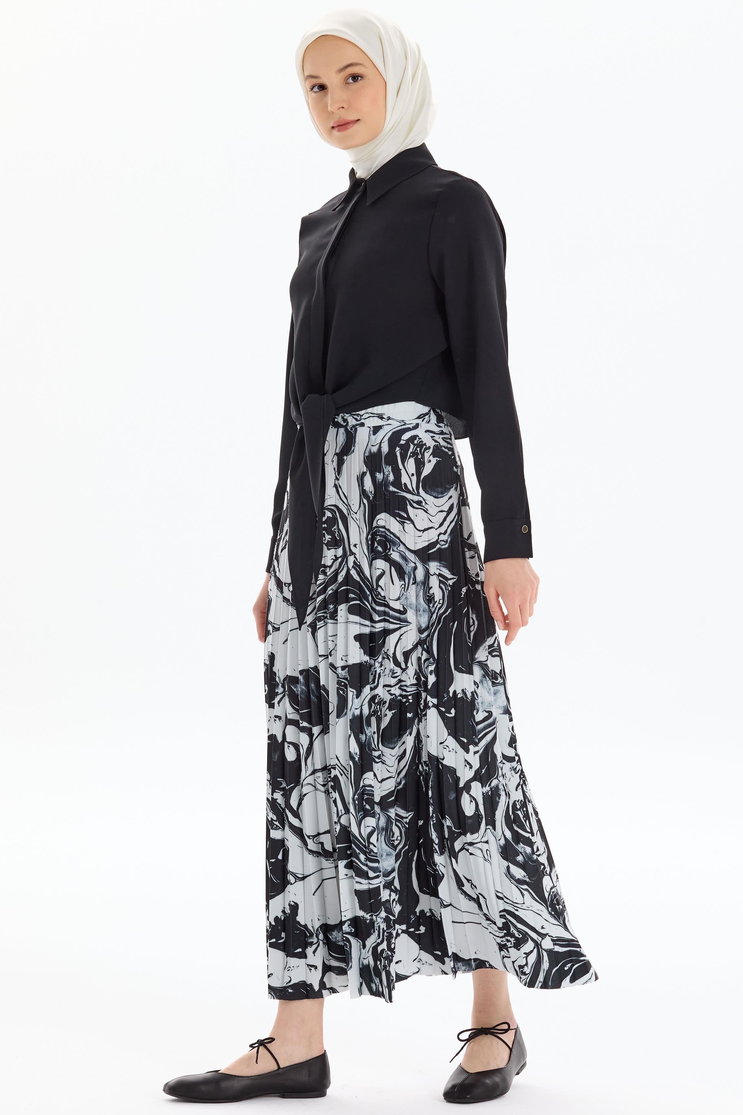 Beli Lastikli Desenli Plisoley Etek - Siyah TUGBA