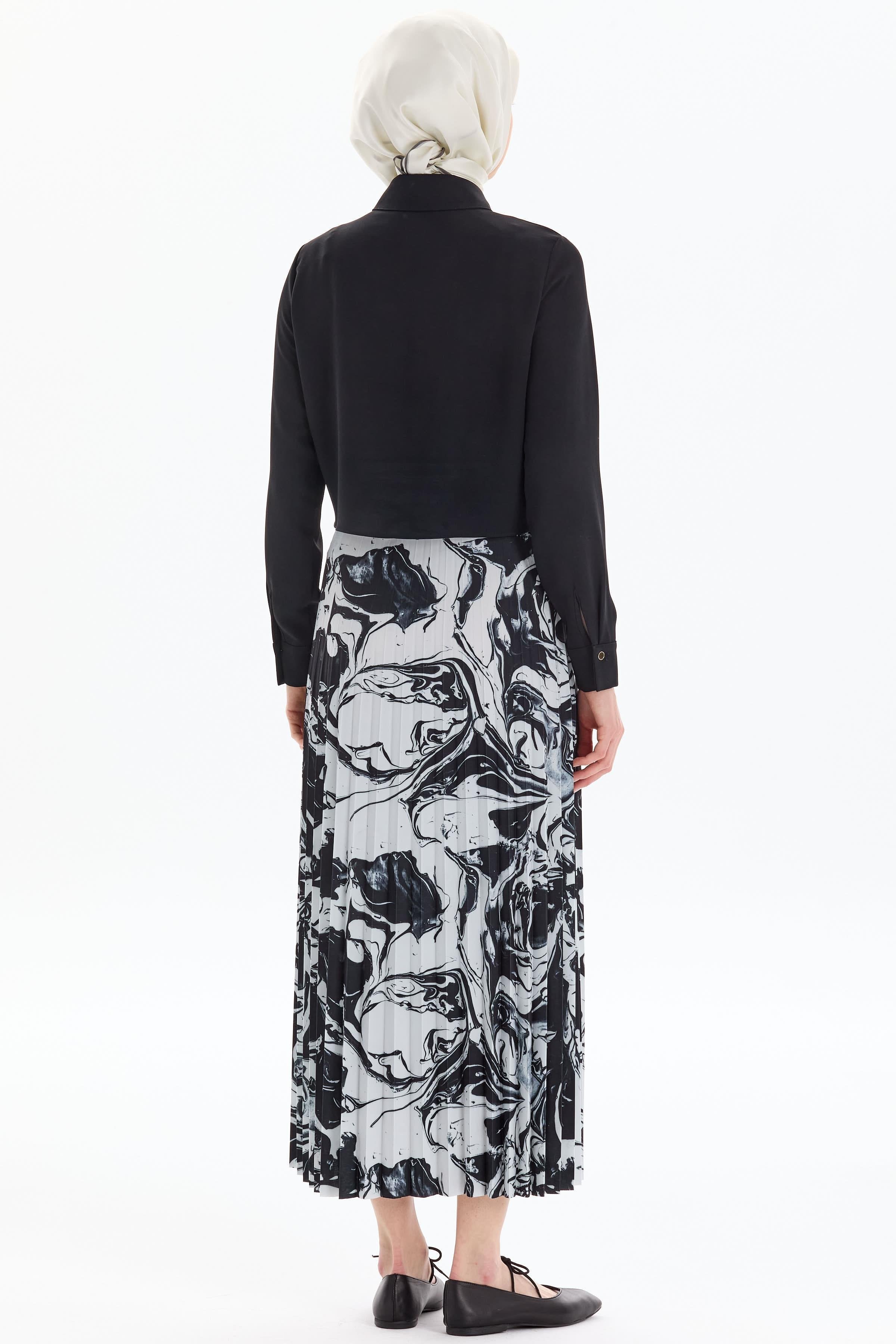 Beli Lastikli Desenli Plisoley Etek - Siyah TUGBA