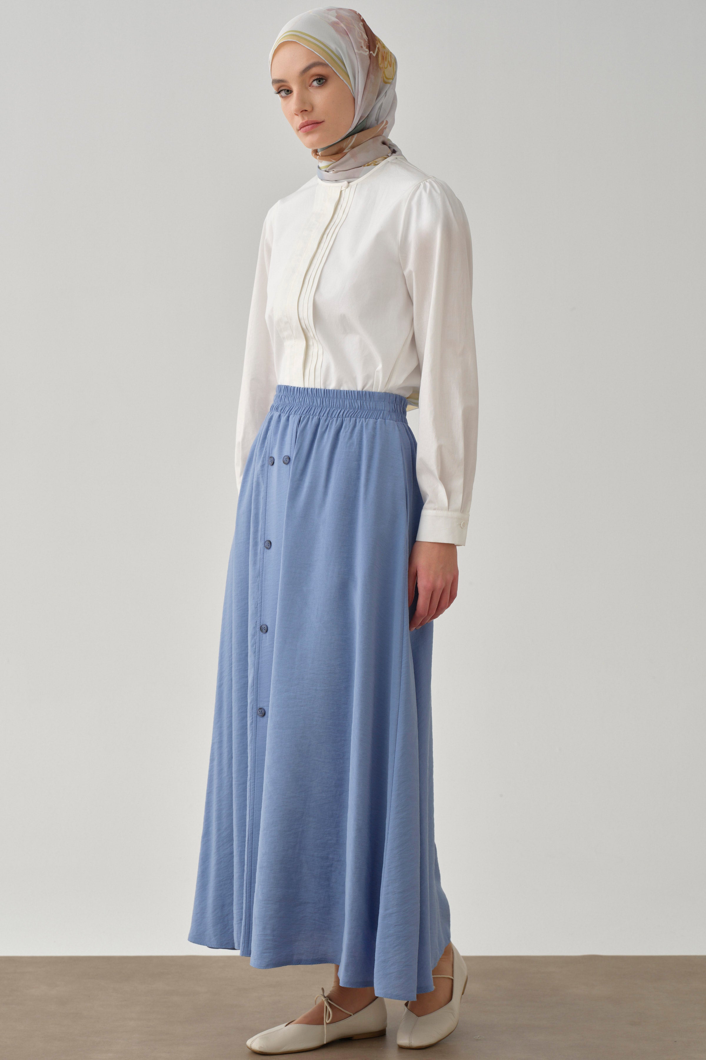 Beli Lastikli Düğmeli Etek - Mavi TUGBA