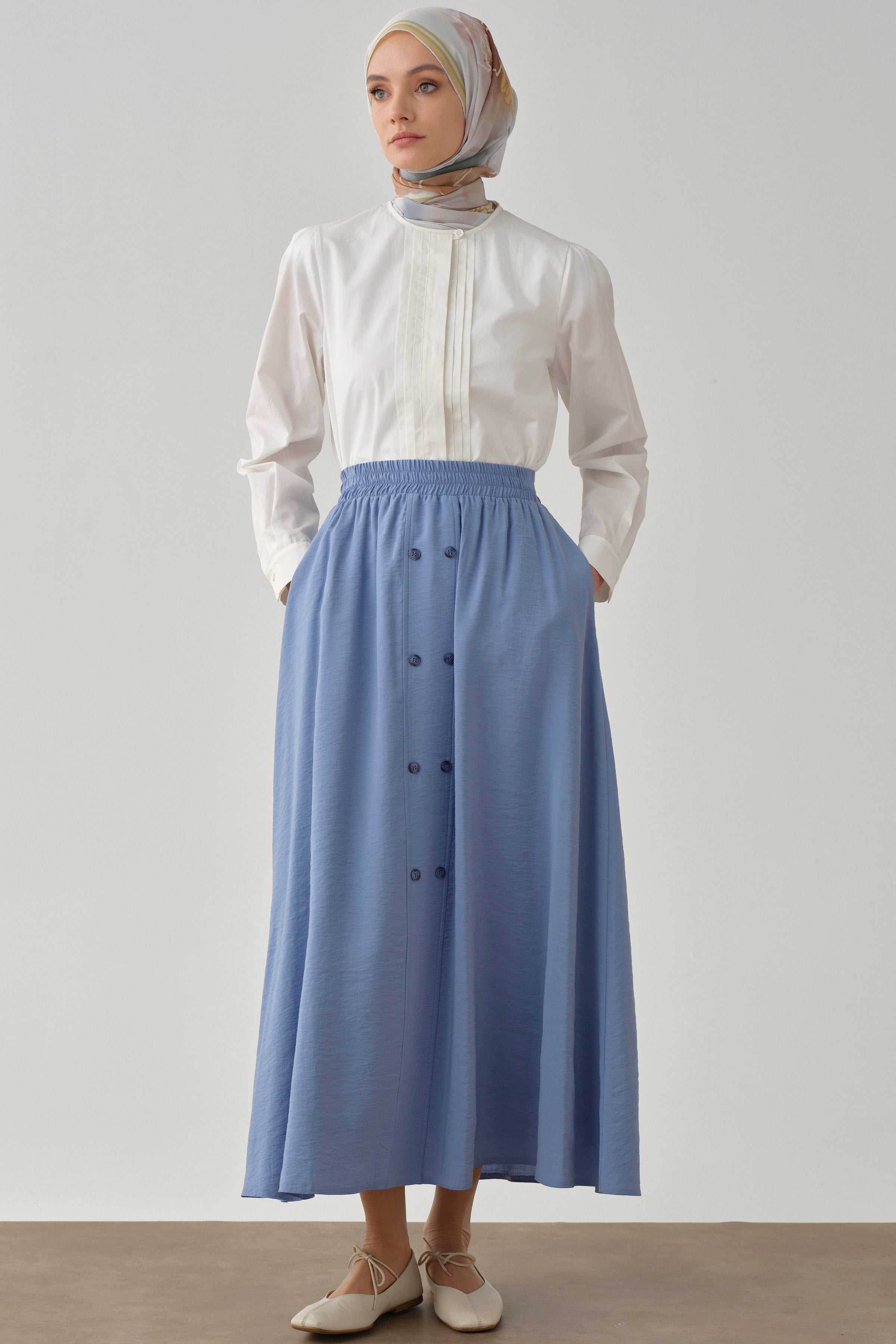 Beli Lastikli Düğmeli Etek - Mavi TUGBA