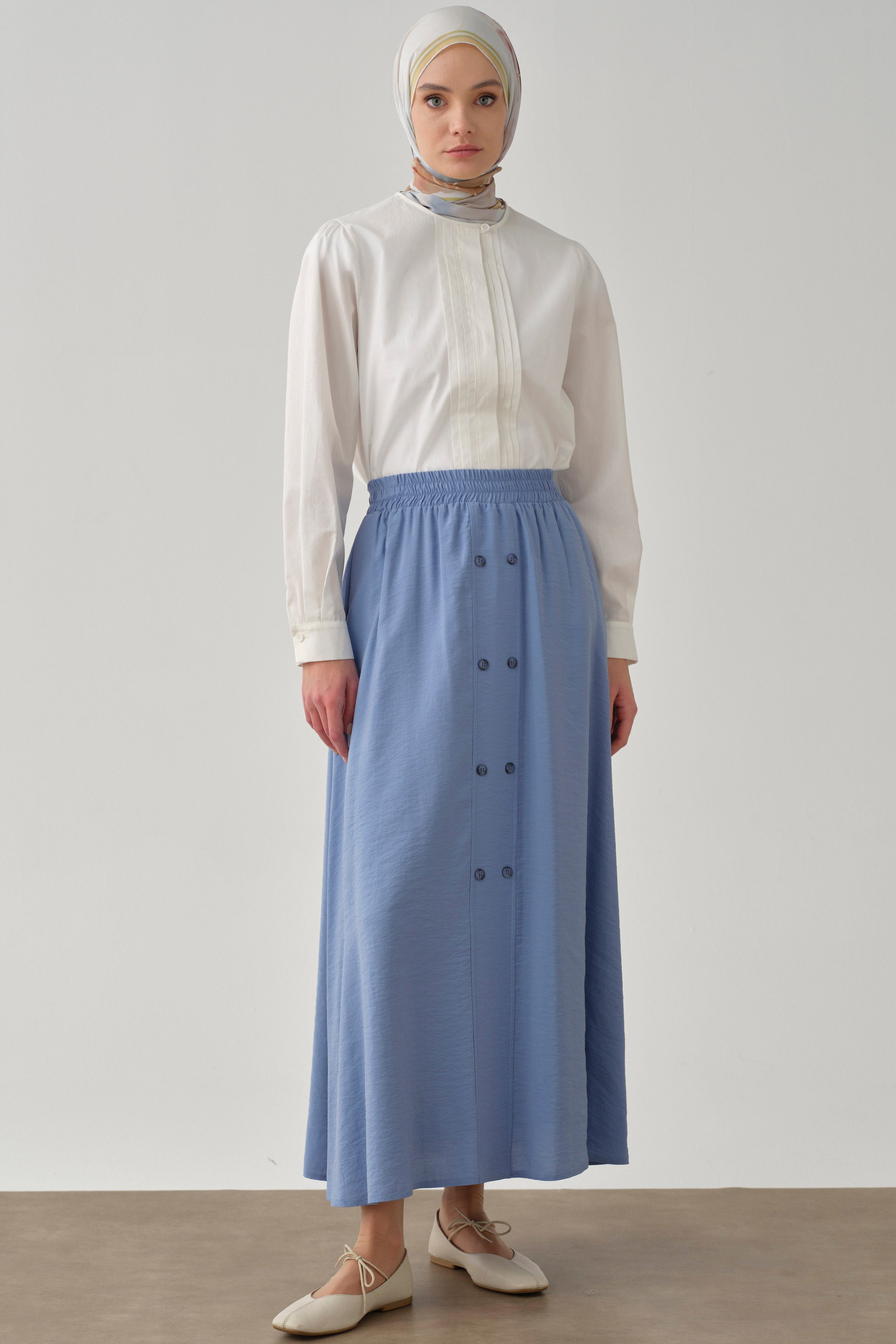 Beli Lastikli Düğmeli Etek - Mavi TUGBA