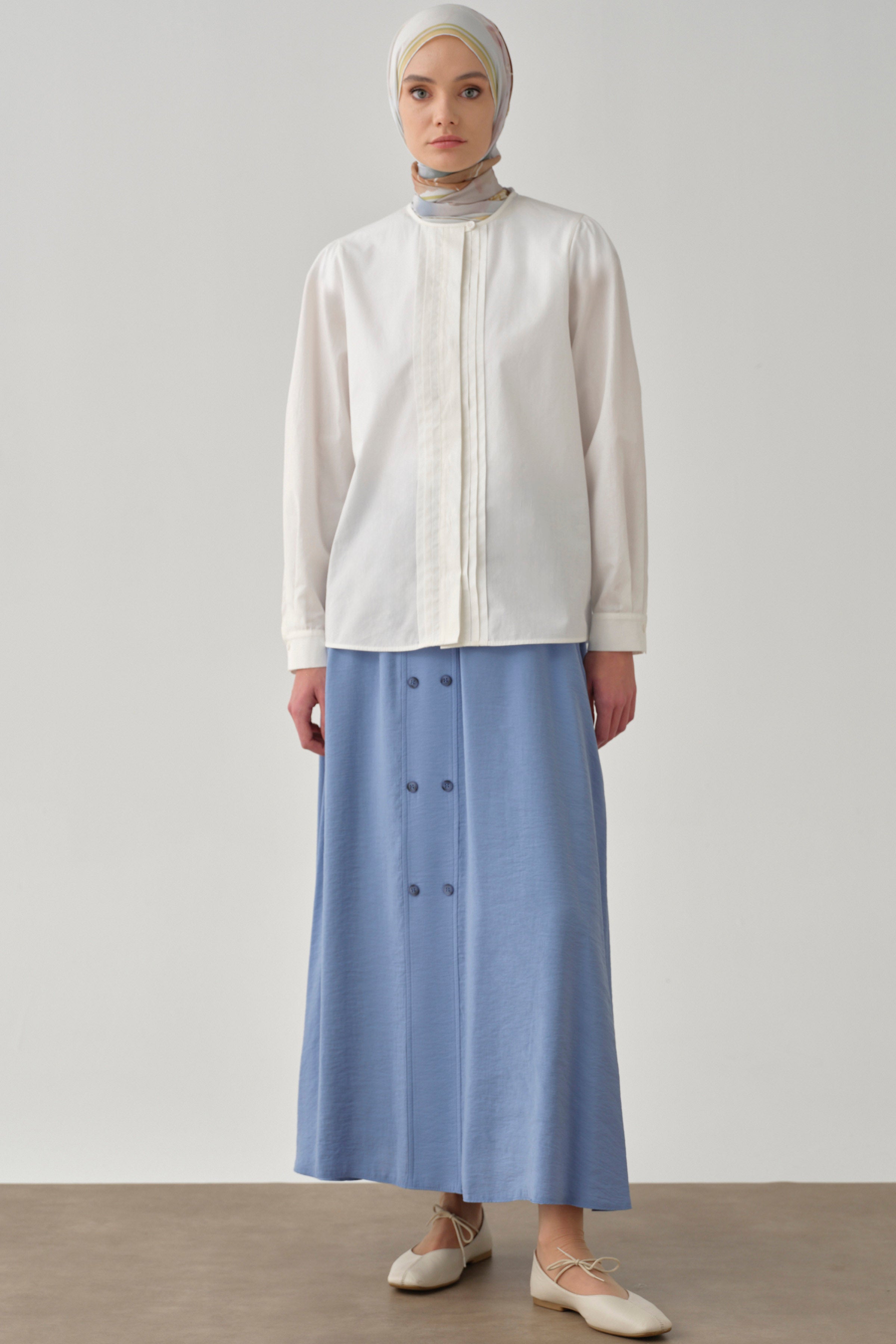 Beli Lastikli Düğmeli Etek - Mavi TUGBA