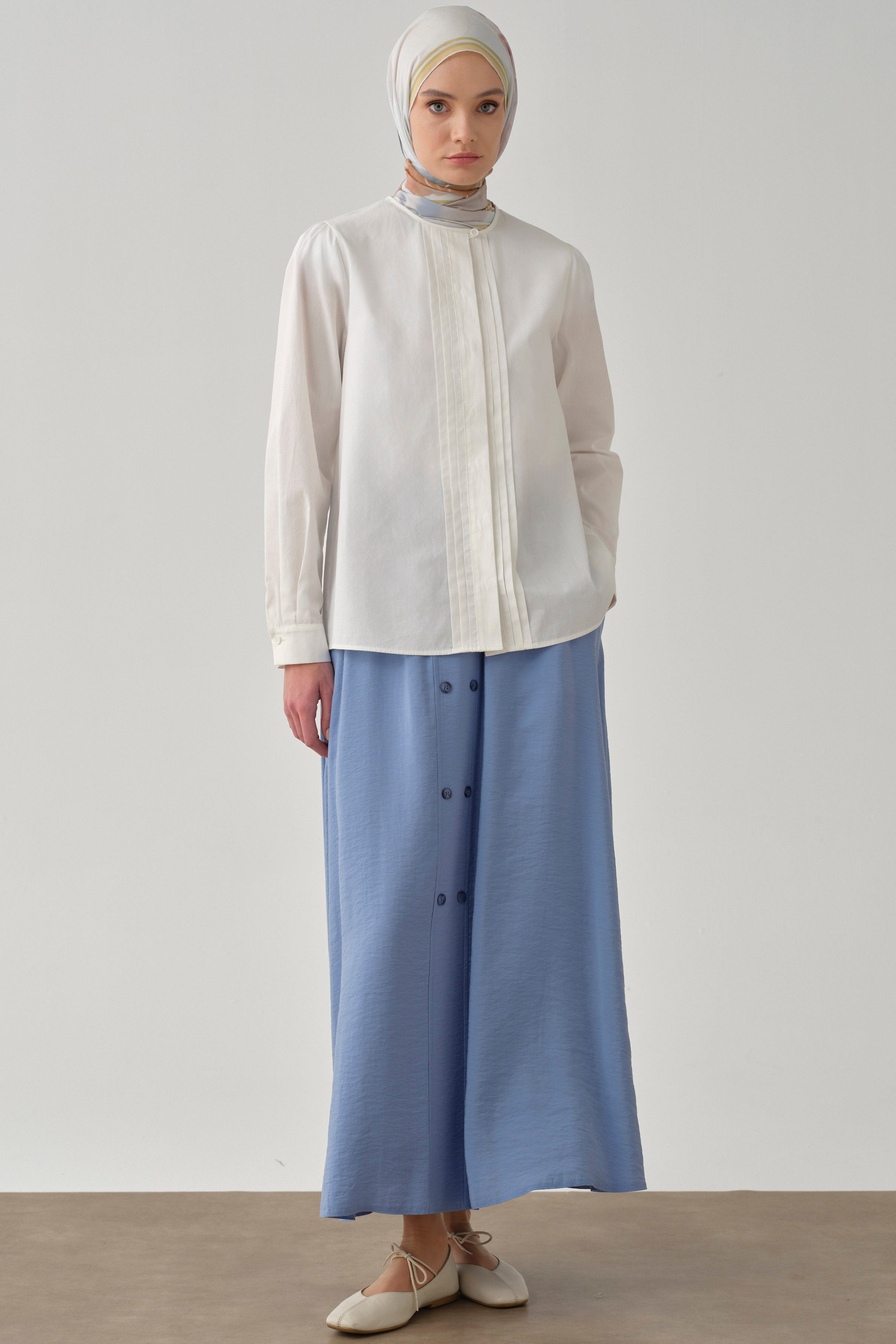 Beli Lastikli Düğmeli Etek - Mavi TUGBA