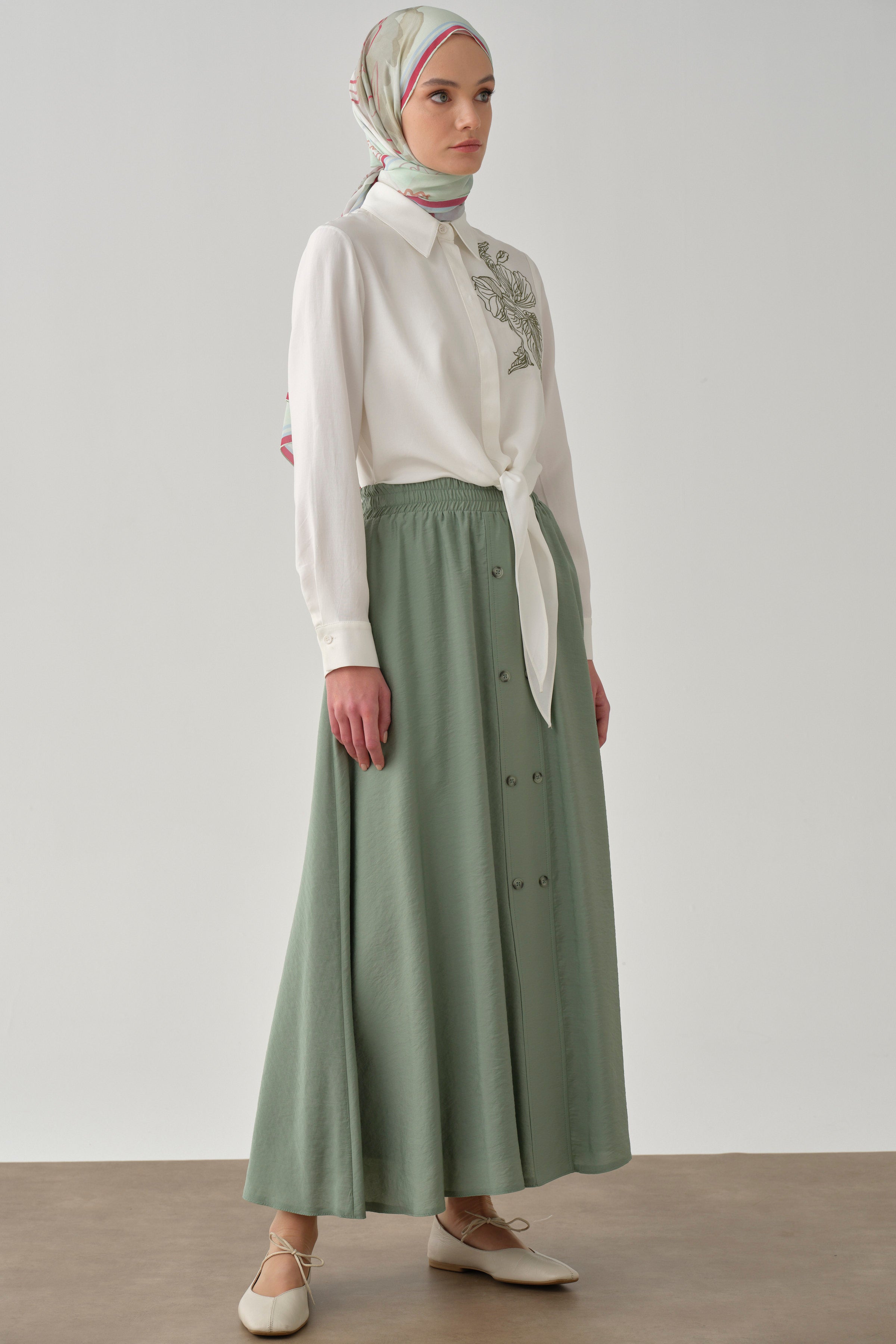 Beli Lastikli Düğmeli Etek - Mint TUGBA