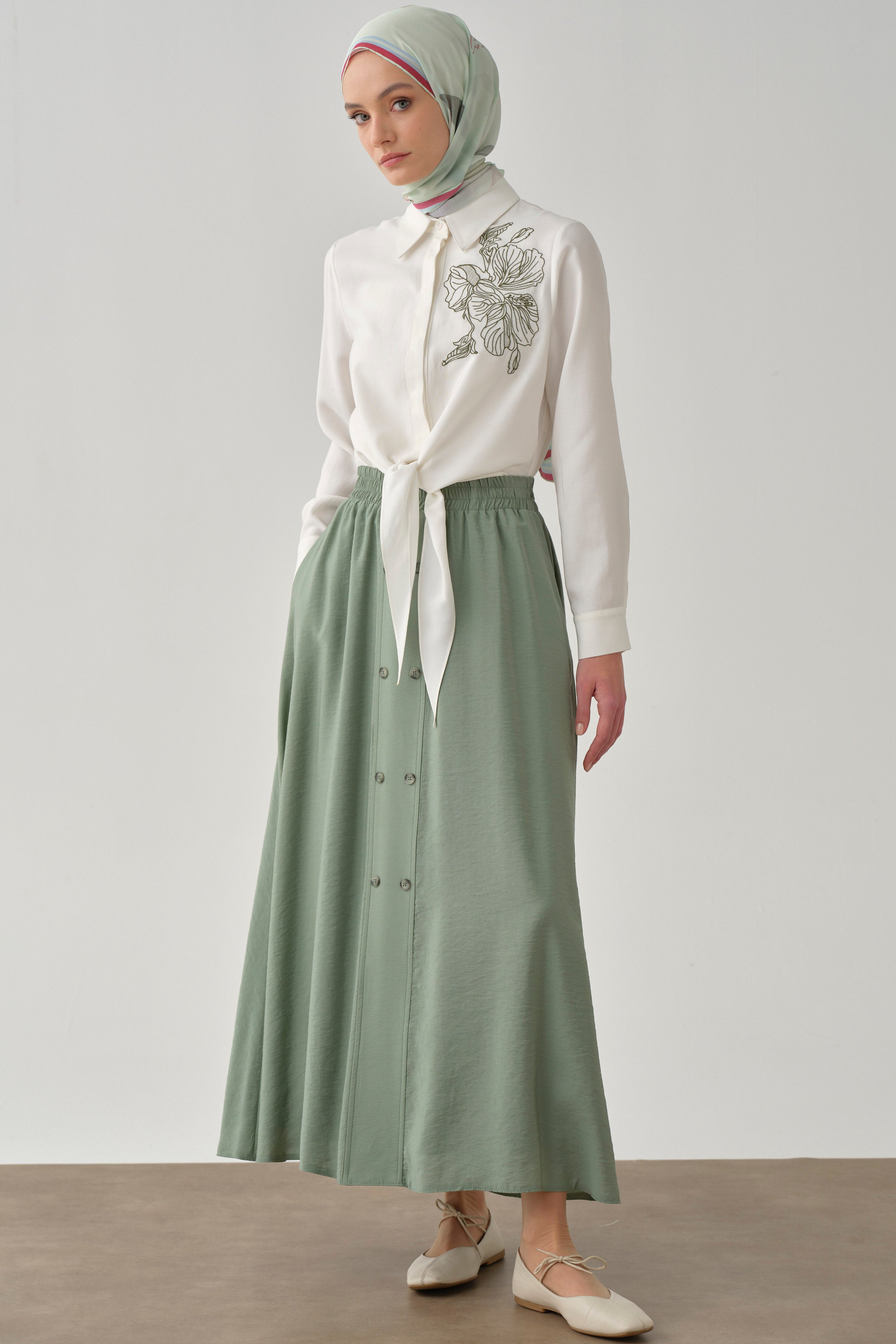 Beli Lastikli Düğmeli Etek - Mint TUGBA