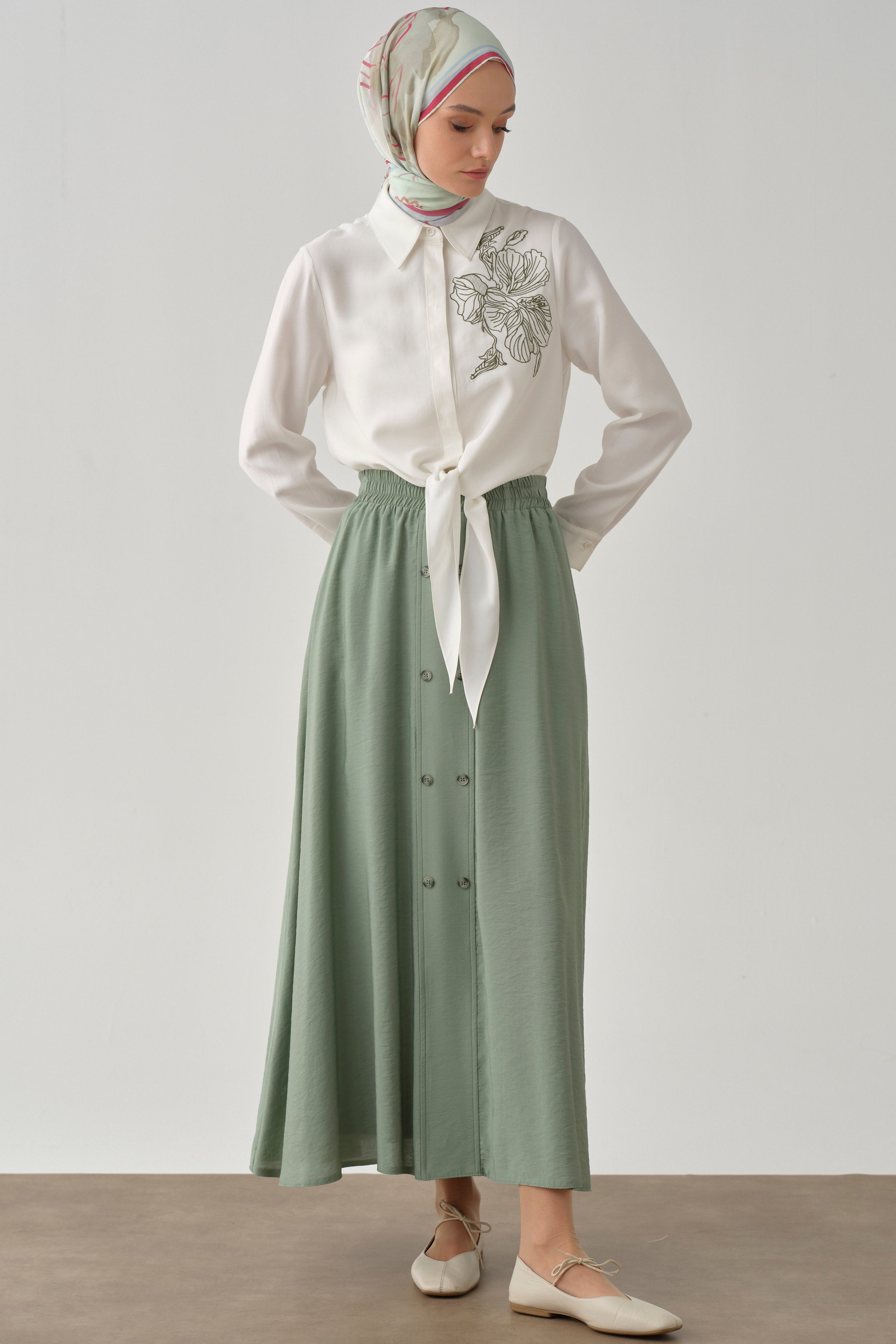 Beli Lastikli Düğmeli Etek - Mint TUGBA