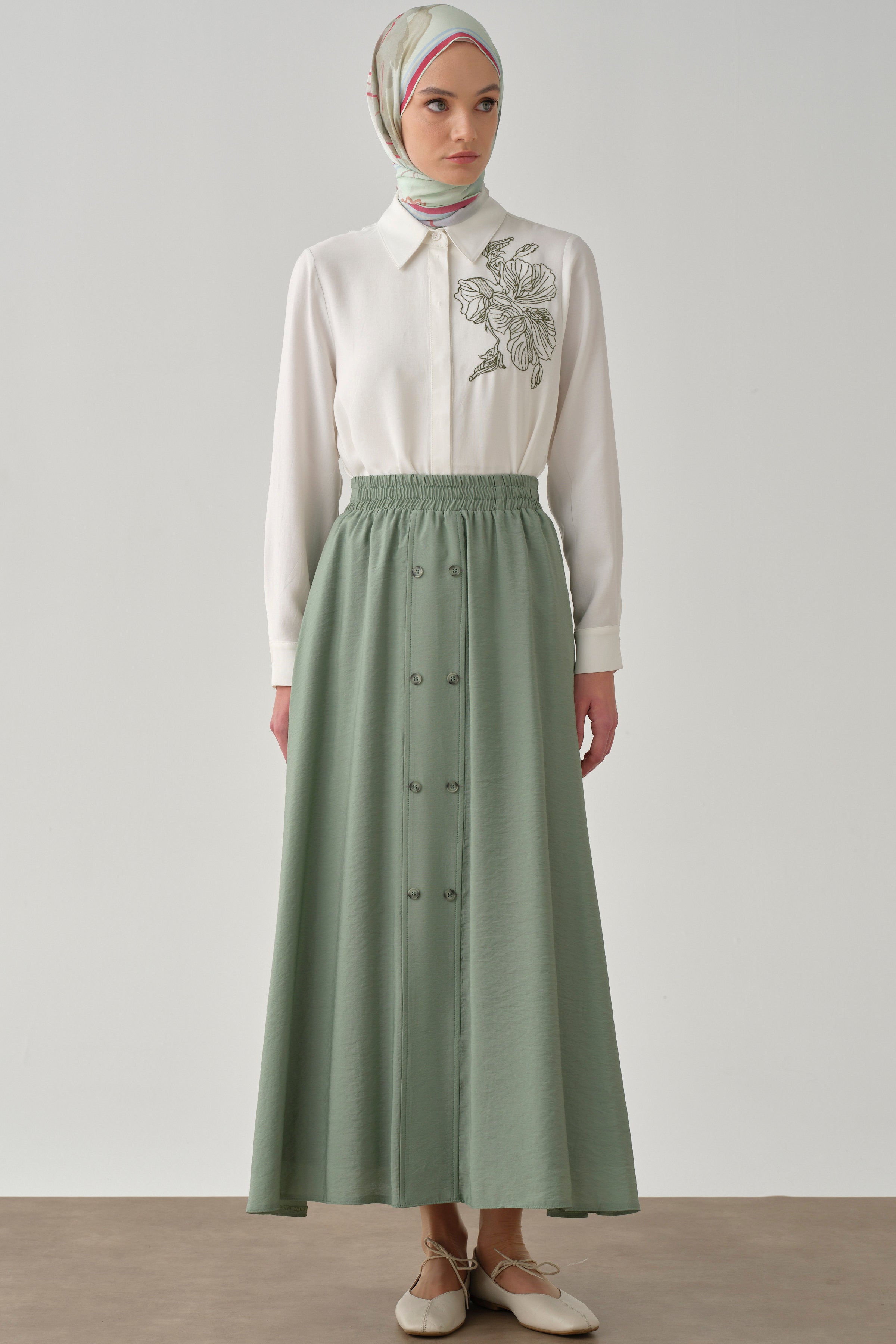 Beli Lastikli Düğmeli Etek - Mint TUGBA