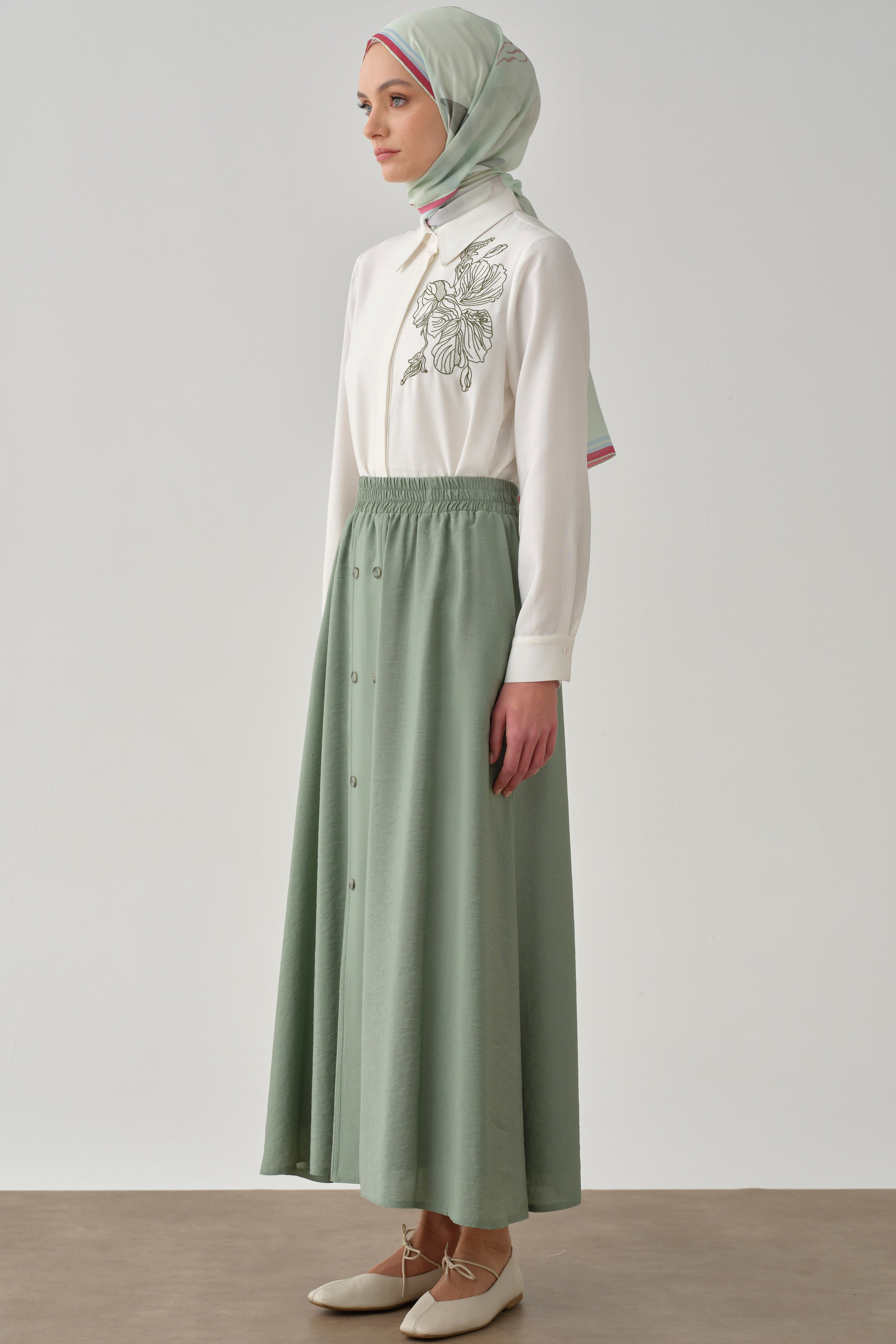 Beli Lastikli Düğmeli Etek - Mint TUGBA